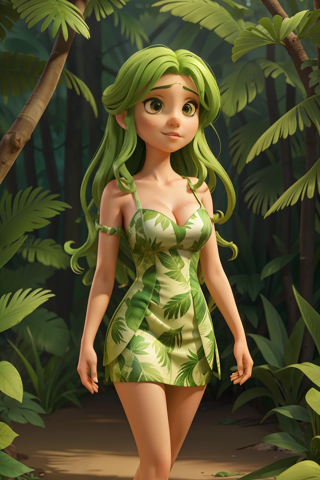 A beautiful woman standing in a jungle, wearing green dress, cleavage visible, thigh visible, legs visible, long hair, symmetrical face, freckles, depth of field, floiages
