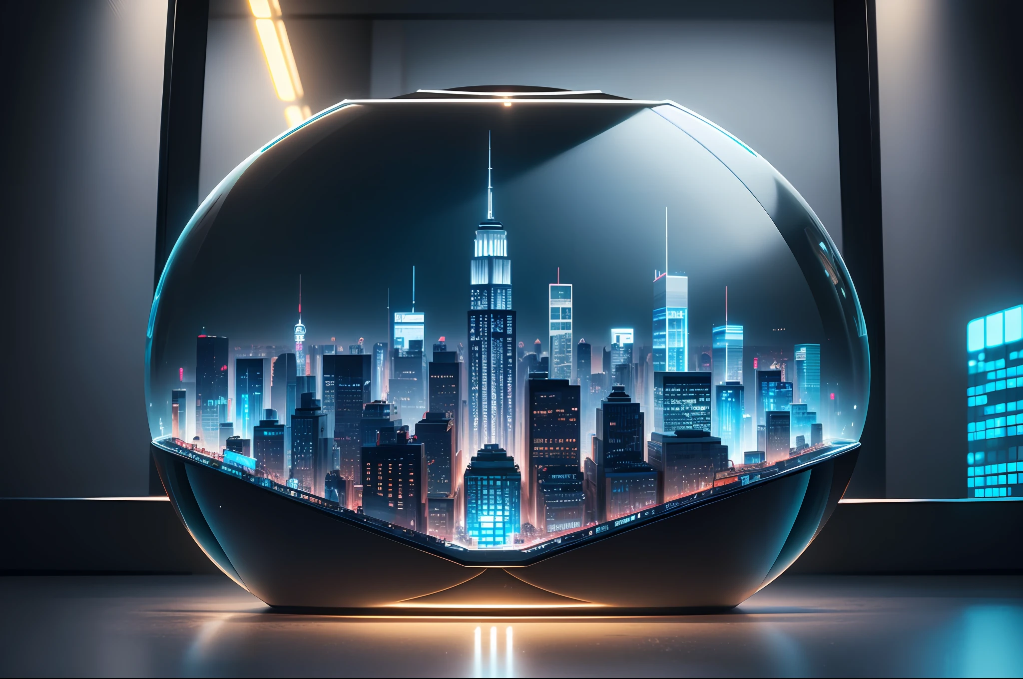 mini\(ttp\), (8k, RAW photo, best quality, masterpiece:1.2), cyberpunk city, miniature, landscape, isometric, ((inside a glass sphere)), ((plain wall in the background)), new york, neon