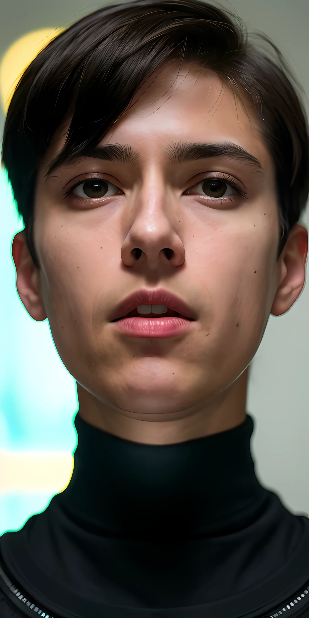 close-up portrait of a handsome young boy, black hair, white skin (80s cyberpunk: 1.3) (ErinNobodySD15) pressed lips (seriously: 1.2) appearance (bright side light rim light: 1.2) deep dark shadows dramatic camera angle high-contrast color gradation (masterpiece: 1.2) (photorealistic: 1.2) (bokeh:1.2) (best quality) (detailed skin:1.3) (complex details) (8k) (HDR) (cinematic lighting) (sharp focus) (80sDarkFantasySD15b:1.2), apartment, turtleneck shirt, strap