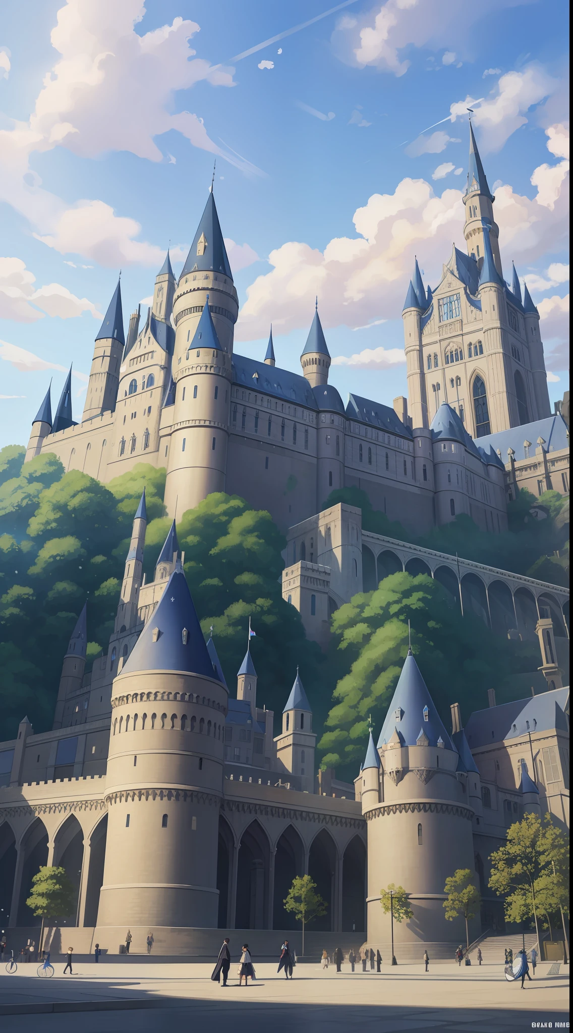 The sky, blue, the Victorian castle, the square of the castle has a lot of pedestrians, dressed in Harry Potter costumes, there are students, there are teachers, they are holding magic wands, and there are students flying through the air on brooms in the square, rushing to class --auto --s2