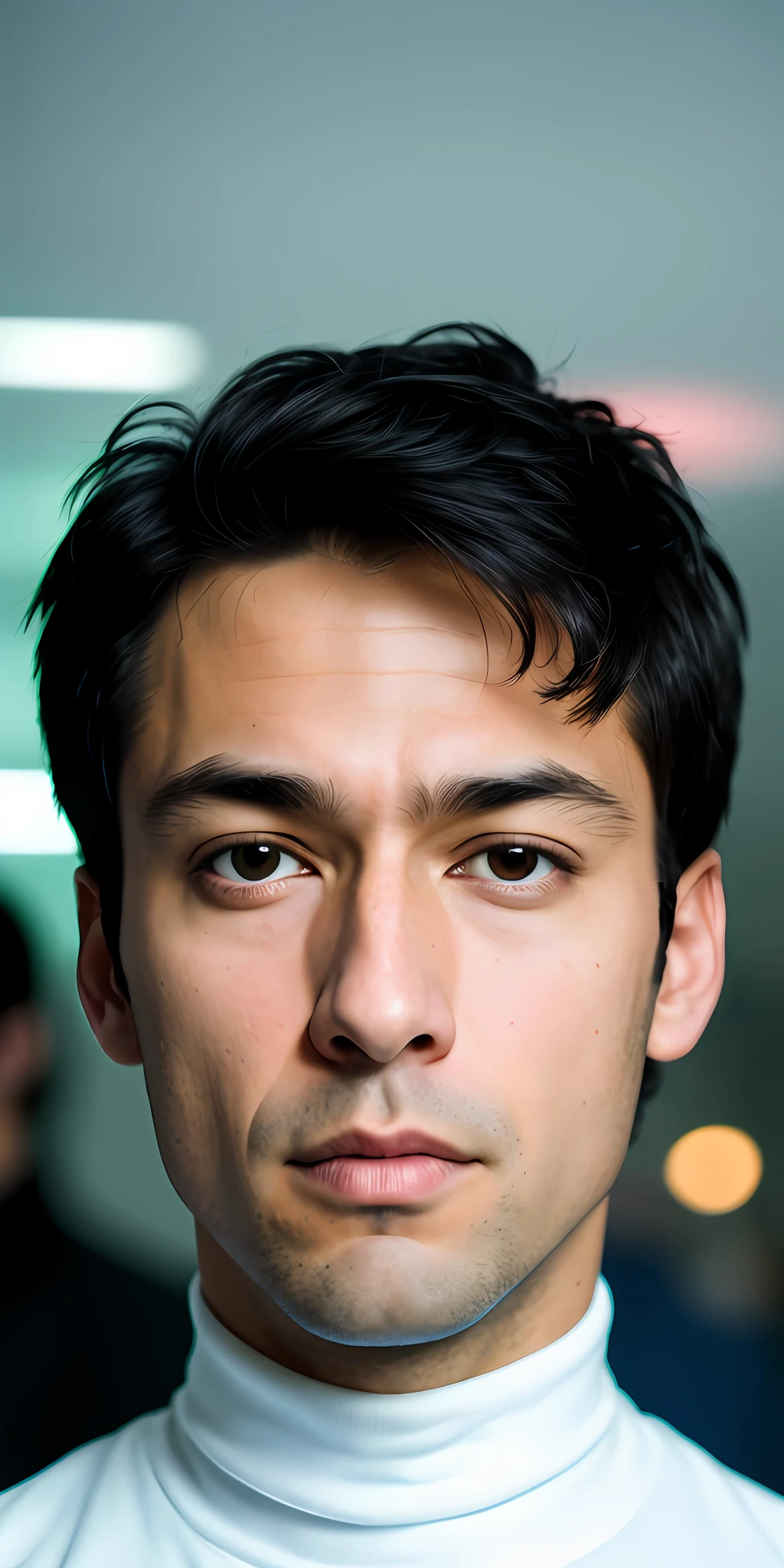 close-up portrait of a handsome young boy, black hair, white skin (80s cyberpunk: 1.3) (ErinNobodySD15) pressed lips (seriously: 1.2) appearance (bright side light rim light: 1.2) deep dark shadows dramatic camera angle high-contrast color gradation (masterpiece: 1.2) (photorealistic: 1.2) (bokeh:1.2) (best quality) (detailed skin:1.3) (complex details) (8k) (HDR) (cinematic lighting) (sharp focus) (80sDarkFantasySD15b:1.2), apartment, turtleneck shirt, strap