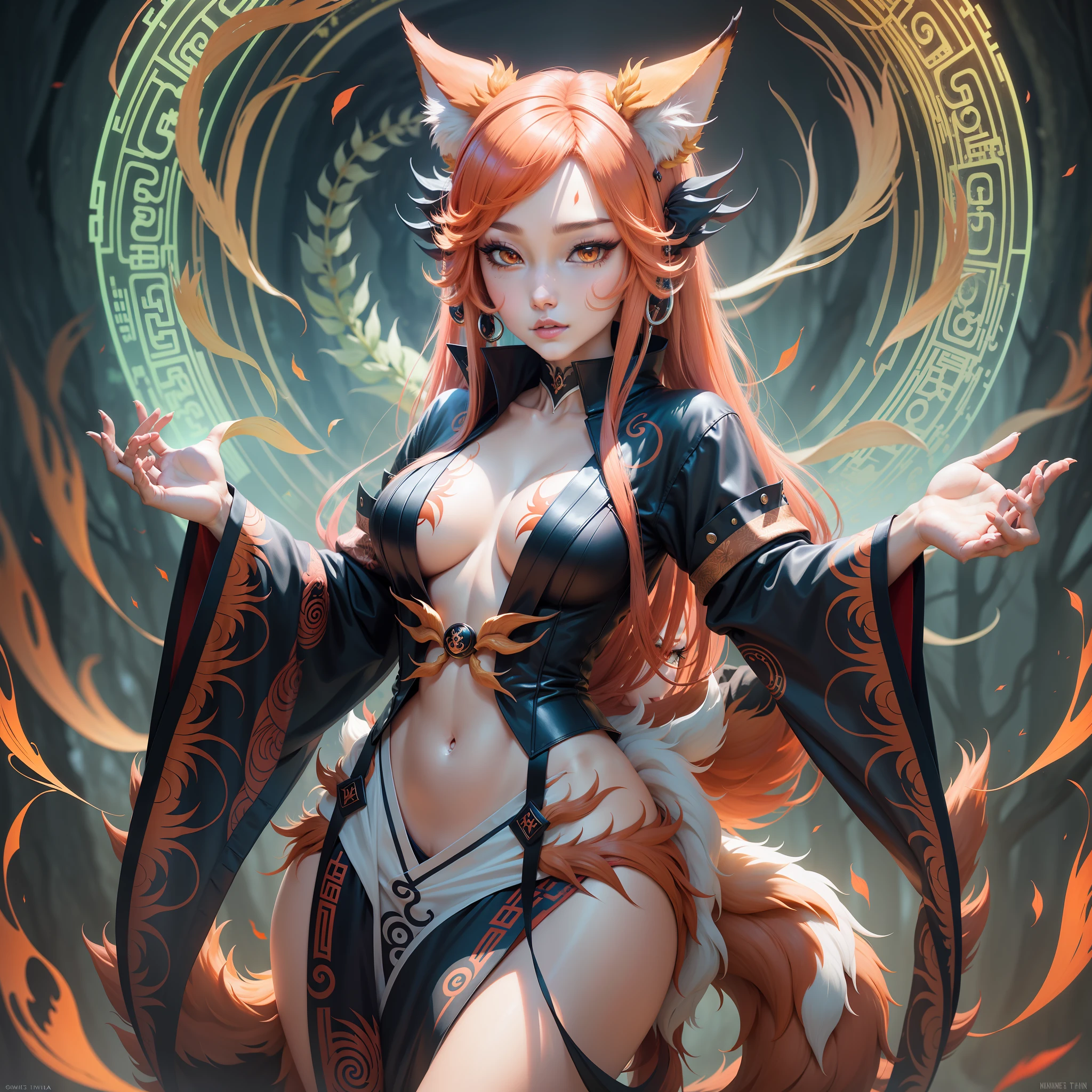 A beautiful nine-tailed demon fox, full of nine tails, charming and moving