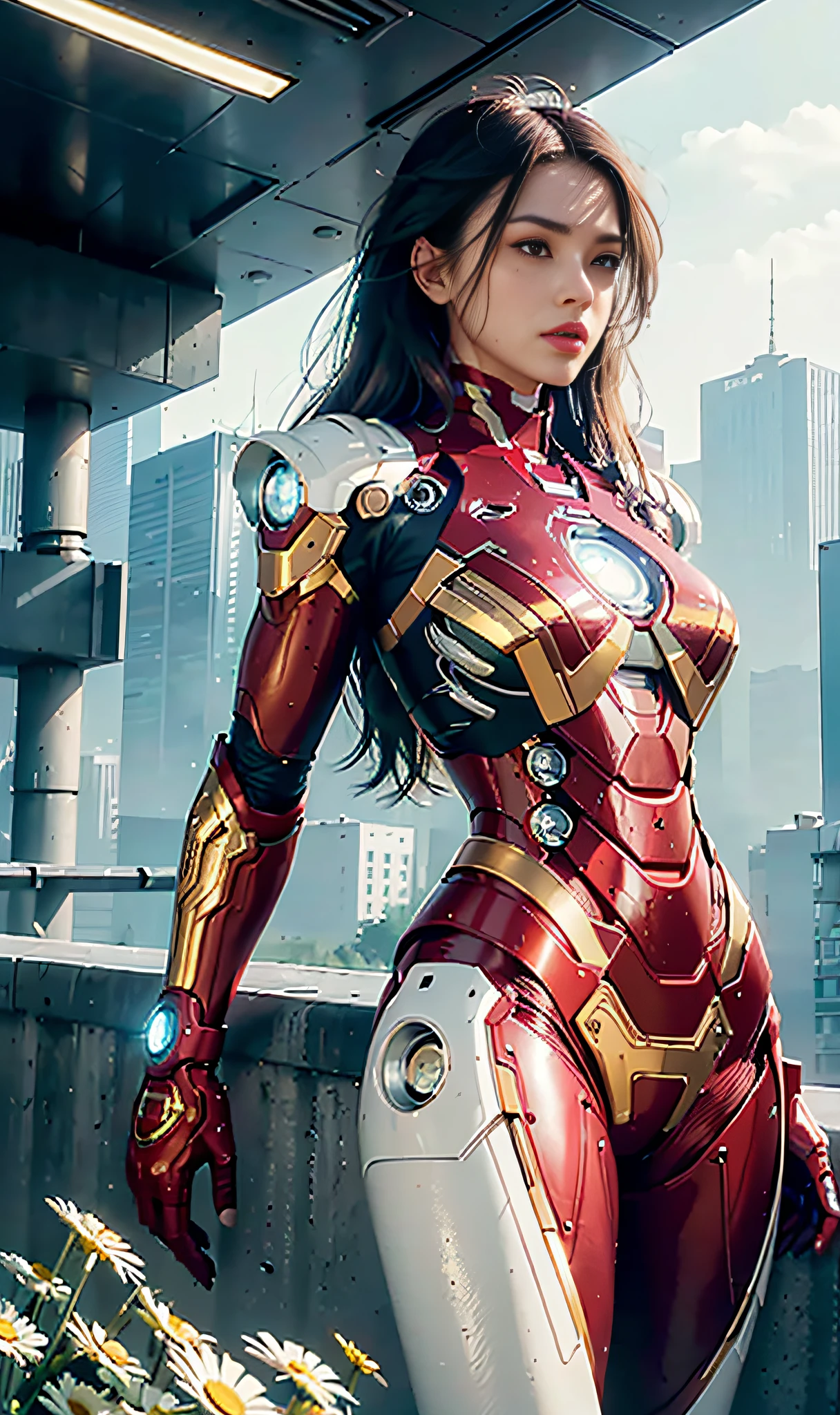 RAW, Masterpiece, Super Fine Photo,, Best Quality, Ultra High Resolution, Photorealistic Photorealism, Sunlight, Full Body Portrait, Amazing Beauty,,Dynamic Pose,Delicate Face,Vibrant Eyes,(From the side), She Wears Futuristic Iron Man Mech, Red and Gold Color Scheme, Detailed Face, Detailed Complex Busy Background, Messy, Gorgeous, Milky White, Highly Detailed Skin, Realistic Skin Details, Visible Pores, Sharp Focus, Volumetric Fog, 8K UHD, DSLR, High Quality, Film grain, fair skin, photorealism, lomography, sprawling metropolis in futuristic dystopia, seen from below, translucent, sea of daisy flowers