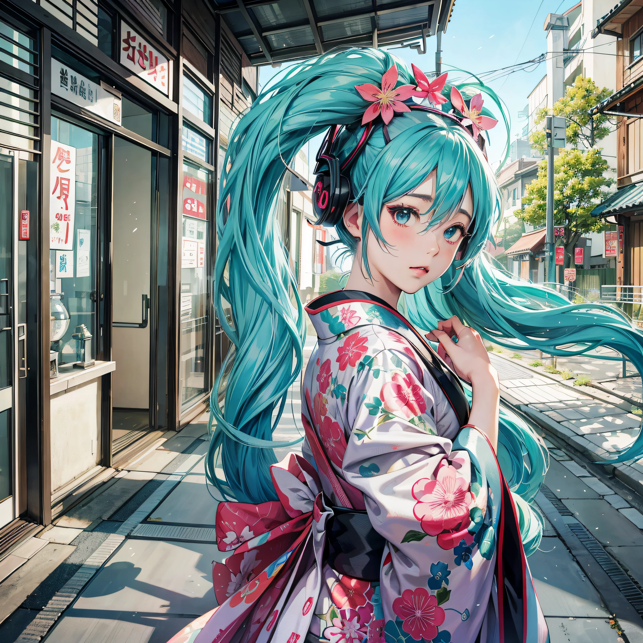 Kimono, Hatsune Miku, Looking Back, Face Up, Shame, Cheeks, Staring at You, Anime Style --auto --s2