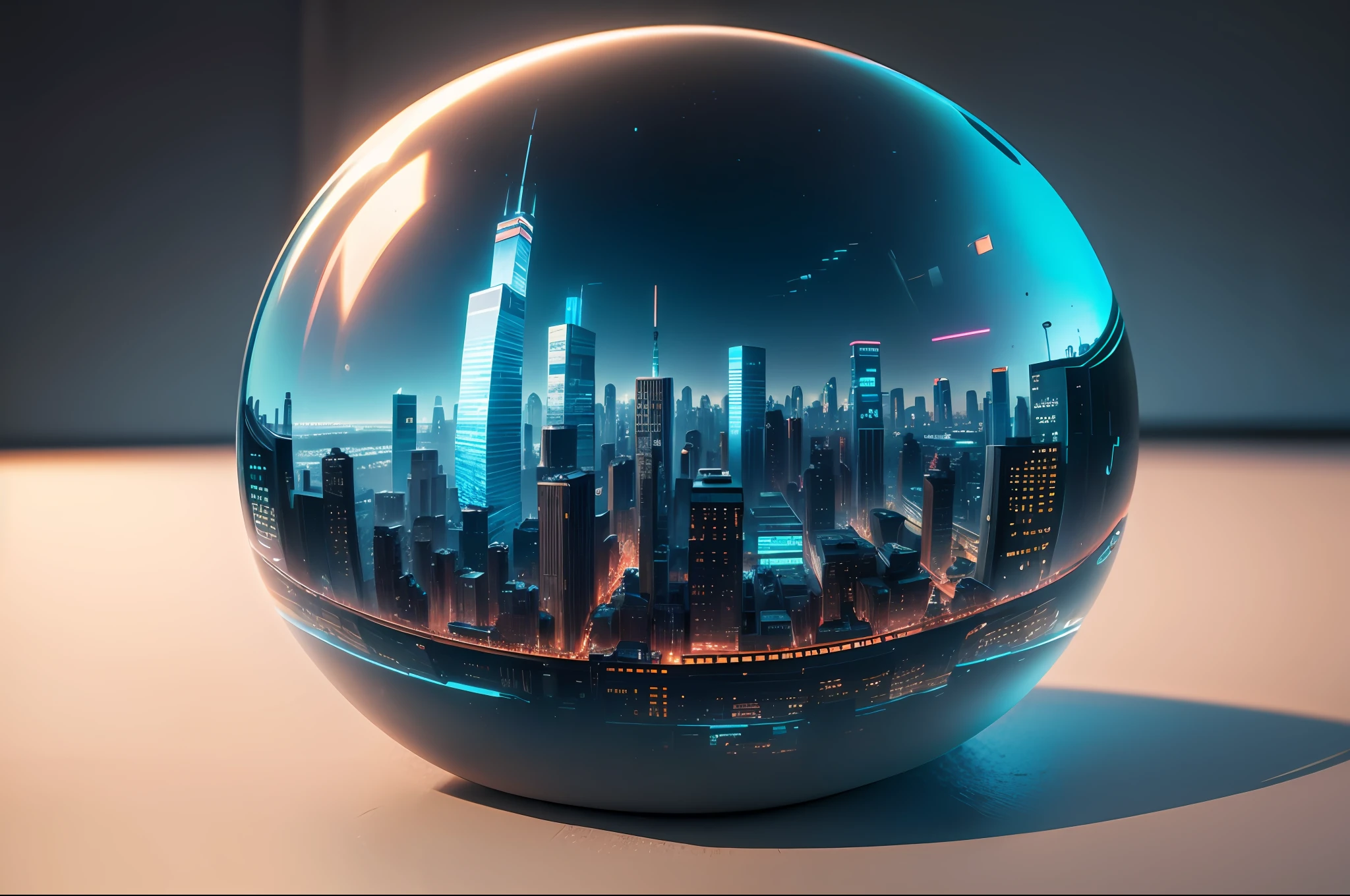 mini\(ttp\), (8k, RAW photo, best quality, masterpiece:1.2), cyberpunk city, miniature, landscape, isometric, ((inside a glass sphere)), ((plain wall in the background)), new york, neon