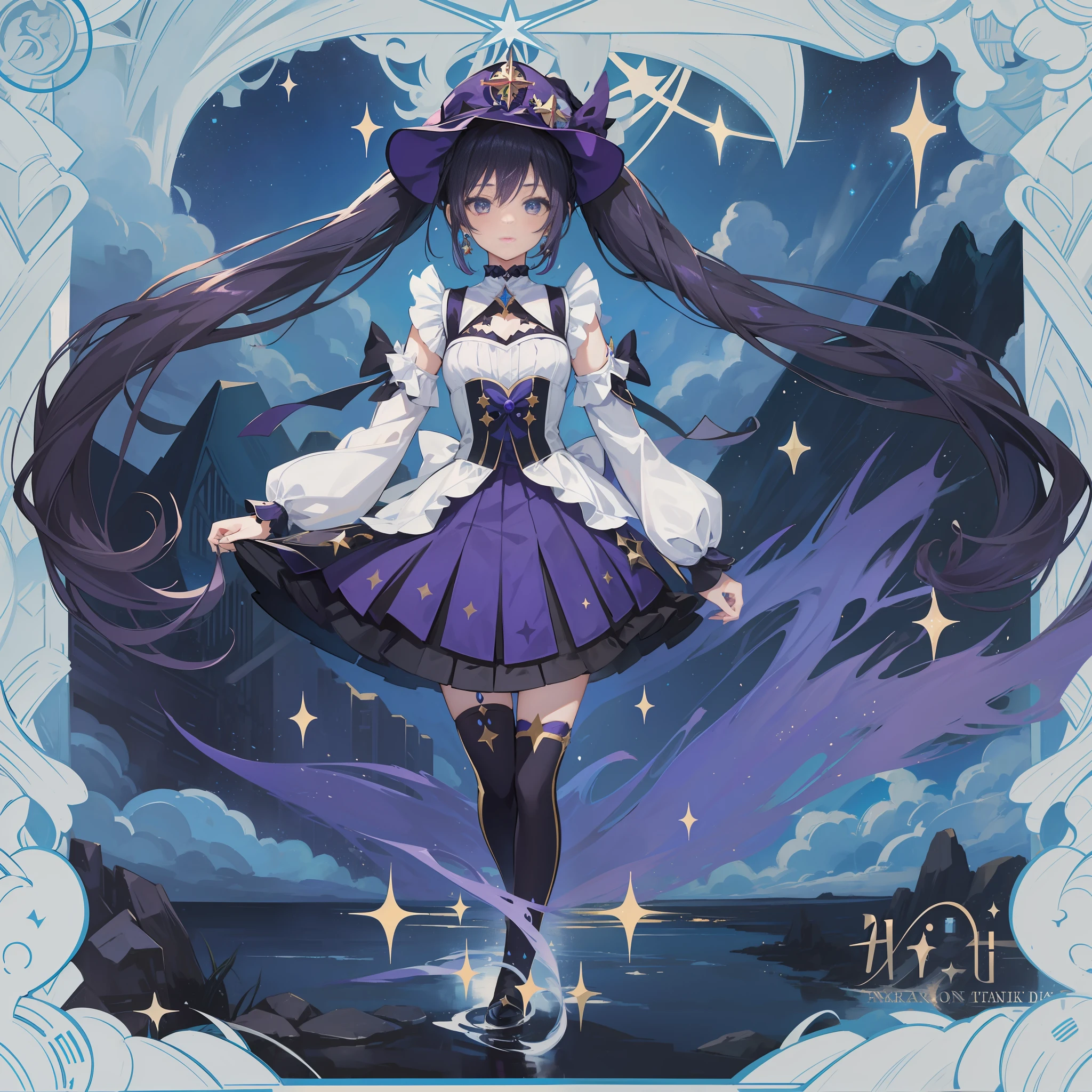 1girl, solo, 1girl, Mona \(Genshin Impact\), maid, choker, hair between eyes, star \(symbol\), hat, long hair, skirt, dark purple hair, looking at the viewer, twintails, blue eyes, shining eyes, earrings, jewelry, purple skirt, black stockings, white shirt, witch, bangs, black shoes, landscape, night sky, star \(sky\), starry sky, night, outdoor, clouds, reflection, water, magic, tarot