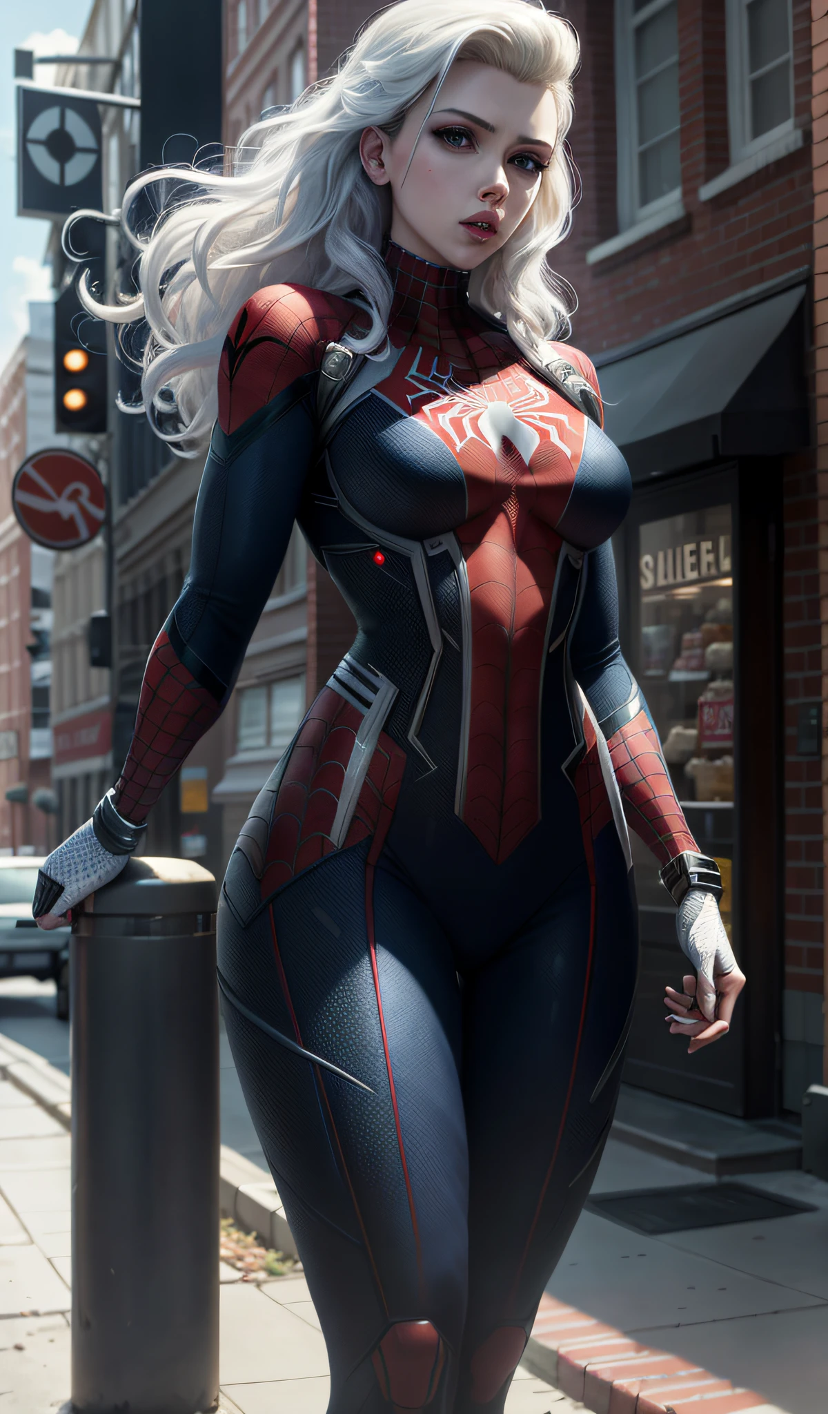 4k, realistic, charismatic, lots of detail, Actress Scarlett Johansson at the top of town, wearing the costume of spider-man, she is a spider-man, white superhero theme, long white hair, 25 years old, full body