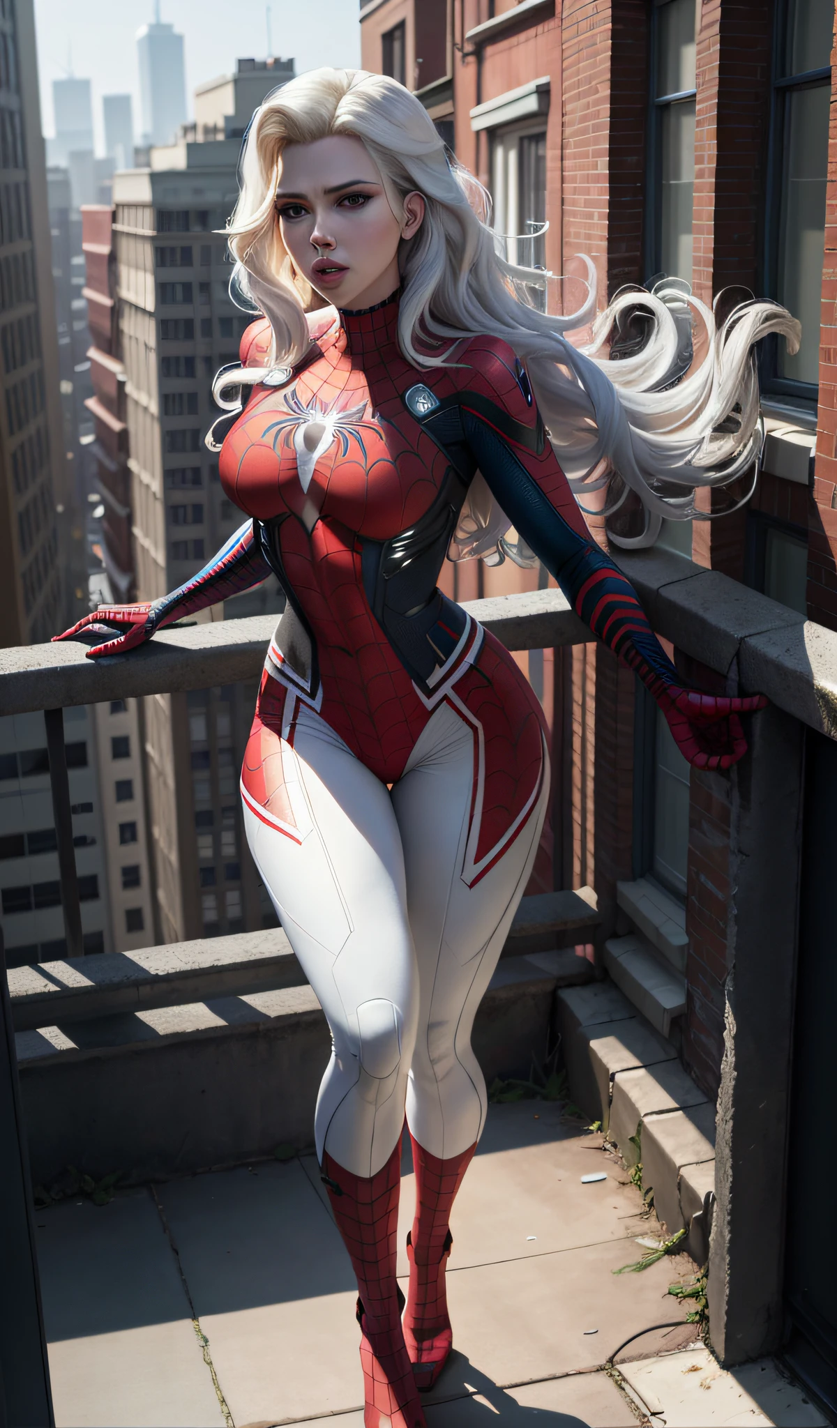 4k, realistic, charismatic, lots of detail, Actress Scarlett Johansson at the top of town, wearing the costume of spider-man, she is a spider-man, white superhero theme, long white hair, 25 years old, full body