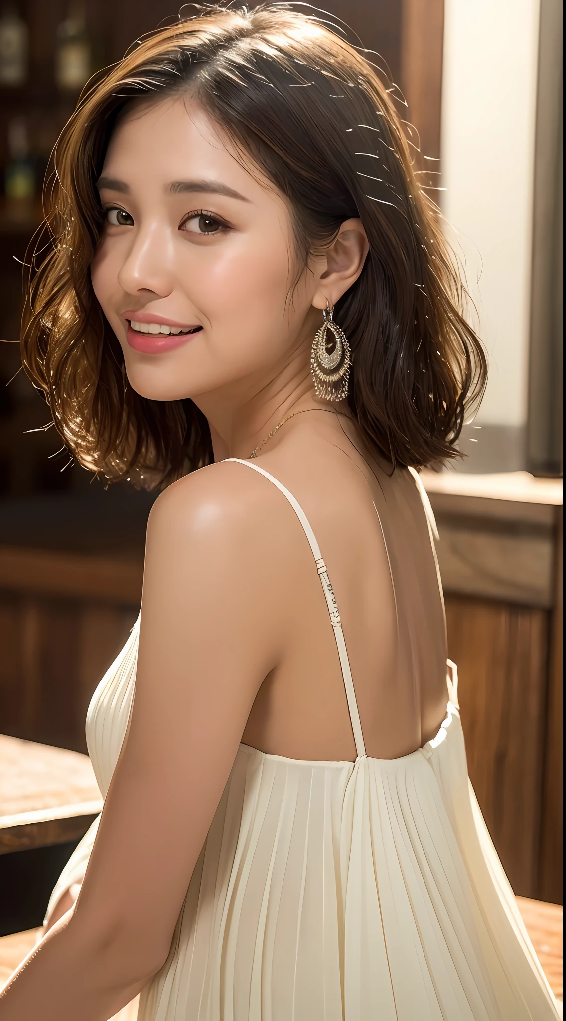 ((Best Quality, 8K, Masterpiece: 1.3, 1girl, Beautiful Girl, Ultra-detailed face and skin texture, Detailed Lips, Detailed Tongue, Dynamism)), Photorealistic, raw photo, natural lighting、( dark rust-colored wavy short hair), big, toned abdomen, large round buttocks, double eyelids, dark gray eyes, moist lips, large earrings, simple necklace, moles around the eyes, (cream sleeveless pleated dress, bar, liquor on the table, looking back), smile, sweaty body: 2.0, wet hair: 2.0, wide open mouth, clothes wet with sweat, Sheer feeling, upper eyes