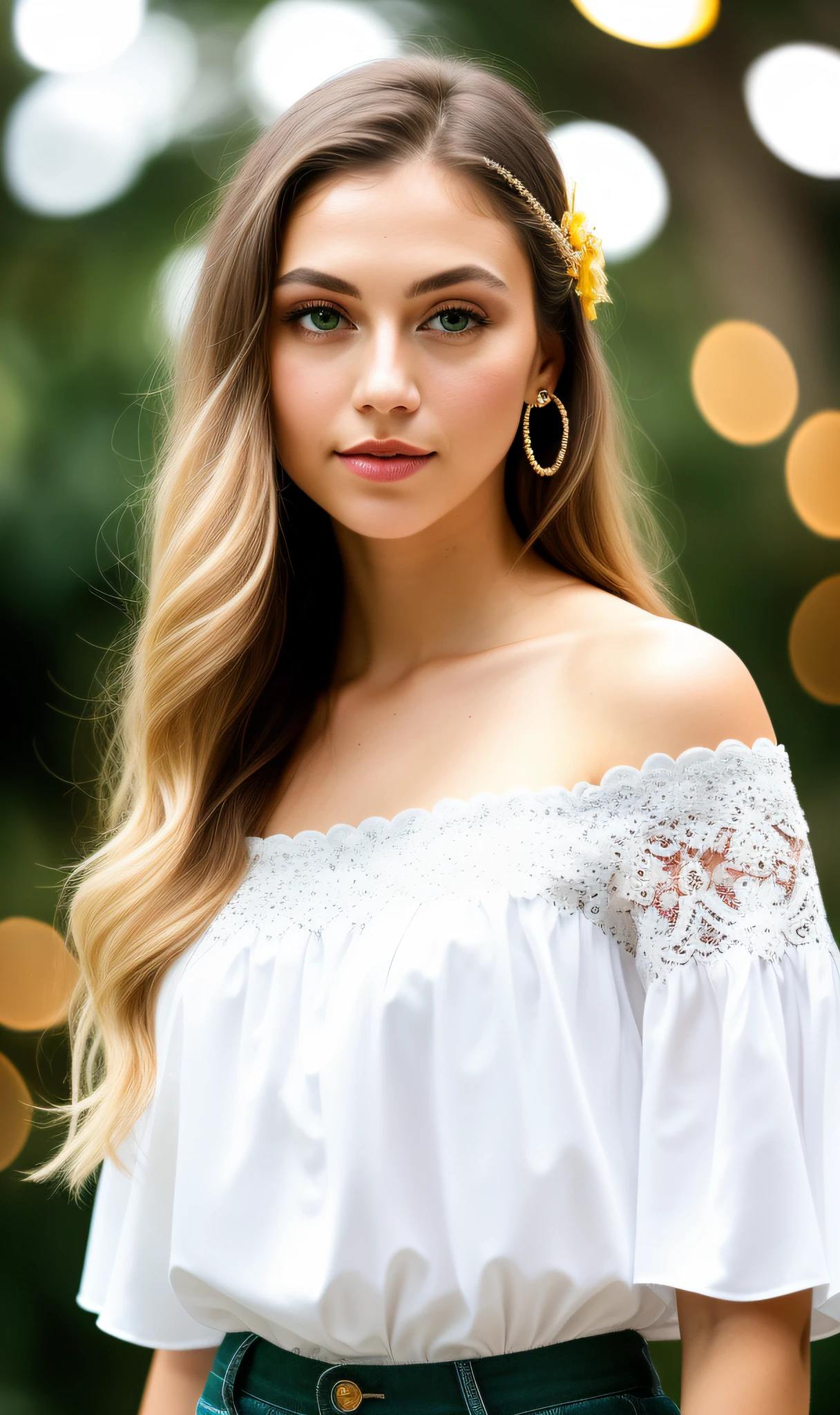 2k, RAW photo, best quality, masterpiece:1.2),(realistic, photo-realistic:1.37), ((best quality)), ultra high res,extremely detailed CG unity 2k wallpaper, physically-based rendering,cinematic lighting,full body, (bokeh:1.4), (((1girl))), shapely, (slim waist), ((green eyes)) ,(yellow hair), ((pubic hair)),top-down_bottom-up,(oval face),wide shoulder, intricate lace hair ornament, open white shirt