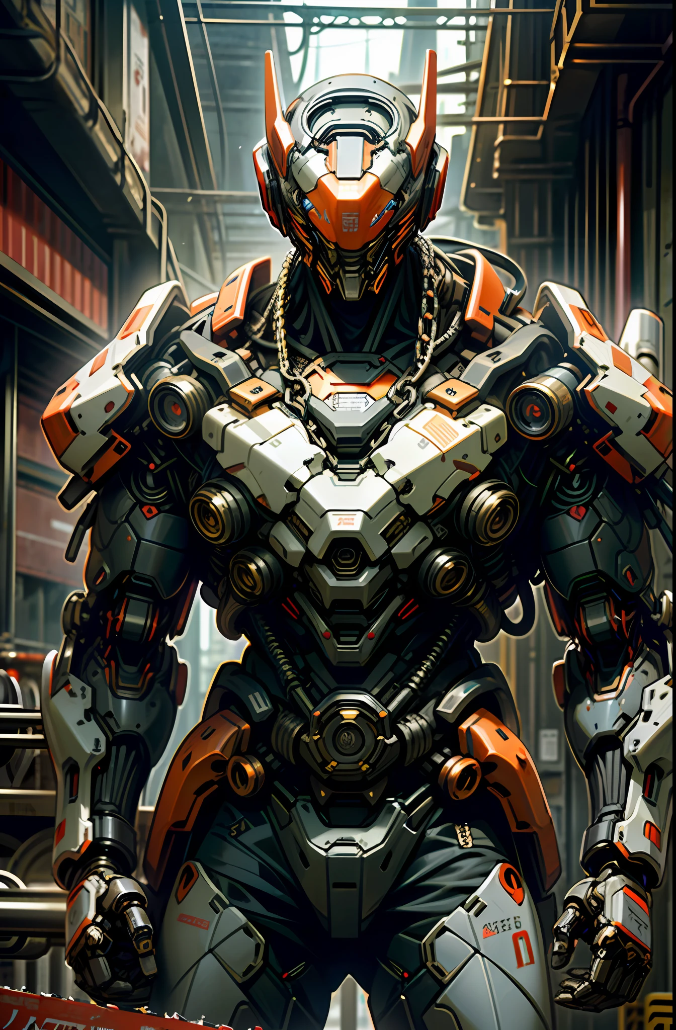 Dark_Fantasy,Cyberpunk,(chain saw,chain saw man,Red:1.1),1man,Mechanical marvel,Robotic presence,Cybernetic guardian, wearing a worn-out mech suit, intricate, (steel metal [rusty]), elegant, clear focus, shot by greg rutkowski, soft lighting, vibrant colors, masterpiece, ((street)), cowboy shot, dynamic pose,