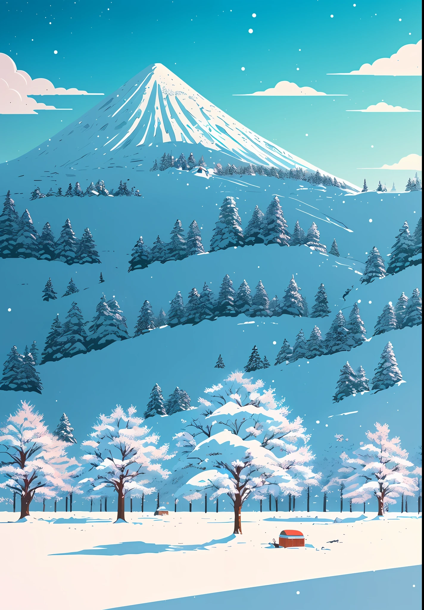 Realistic, real life, snow landscape with several trees in the background aligned horizontally, style of laurie greasley, studio ghibli, akira toriyama, james gilleard, genshin impact, trending pixiv fanbox, acrylic spatula, 4k, vibrant colors, devinart, trend in artstation