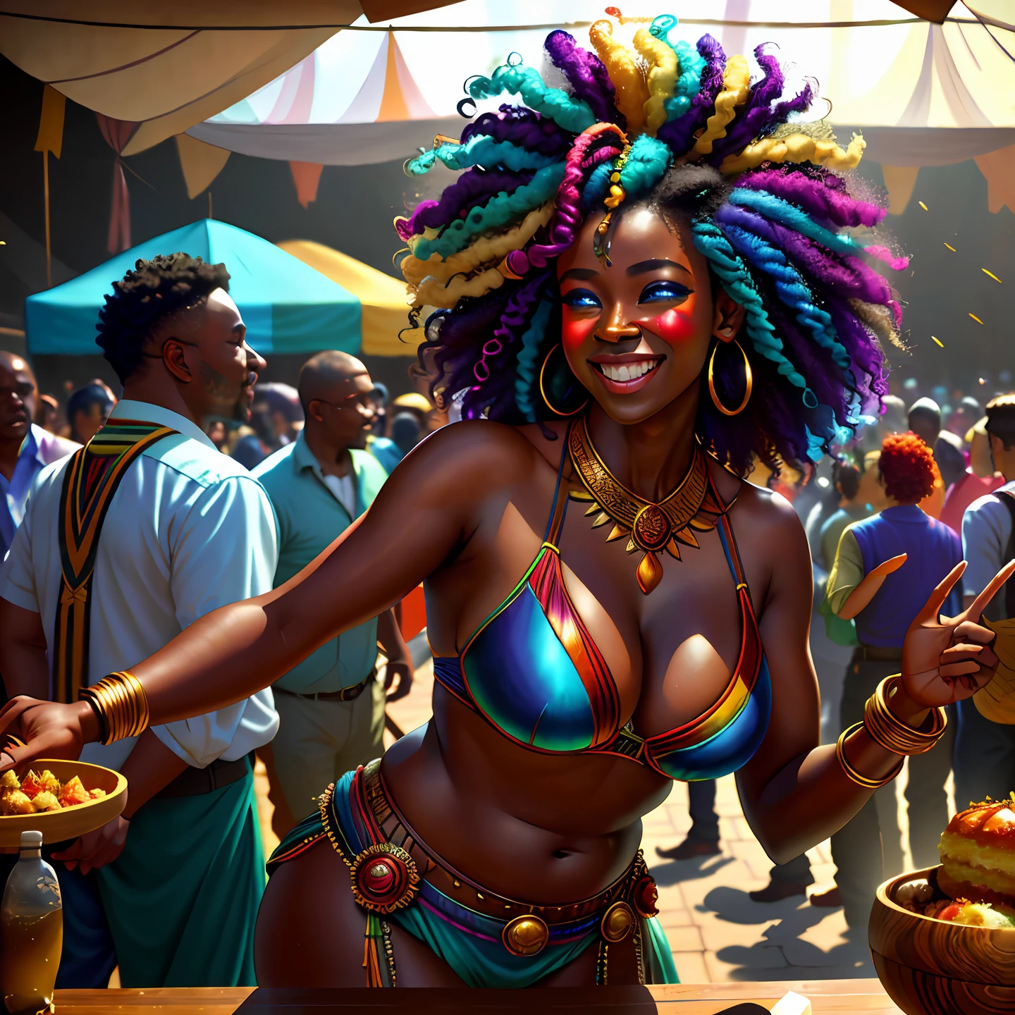 award winning photo, 8k, soft lighting, fantasy, beautiful african goddess, luxuriant afro-textured messed rainbow hair, dark skin, heterochromia eyes, really curly hair, round belly voluptuous body, extreme tanned skin, festival, dancing, tavern, fun, happy, (laughing at a joke), food, wooden tables, crowd of people, nikon d 850 film stock photograph 4 kodak portra 400 camera f16 lens rich colors hyper realistic lifelike texture dramatic lighting trending on artstation cinestill 800