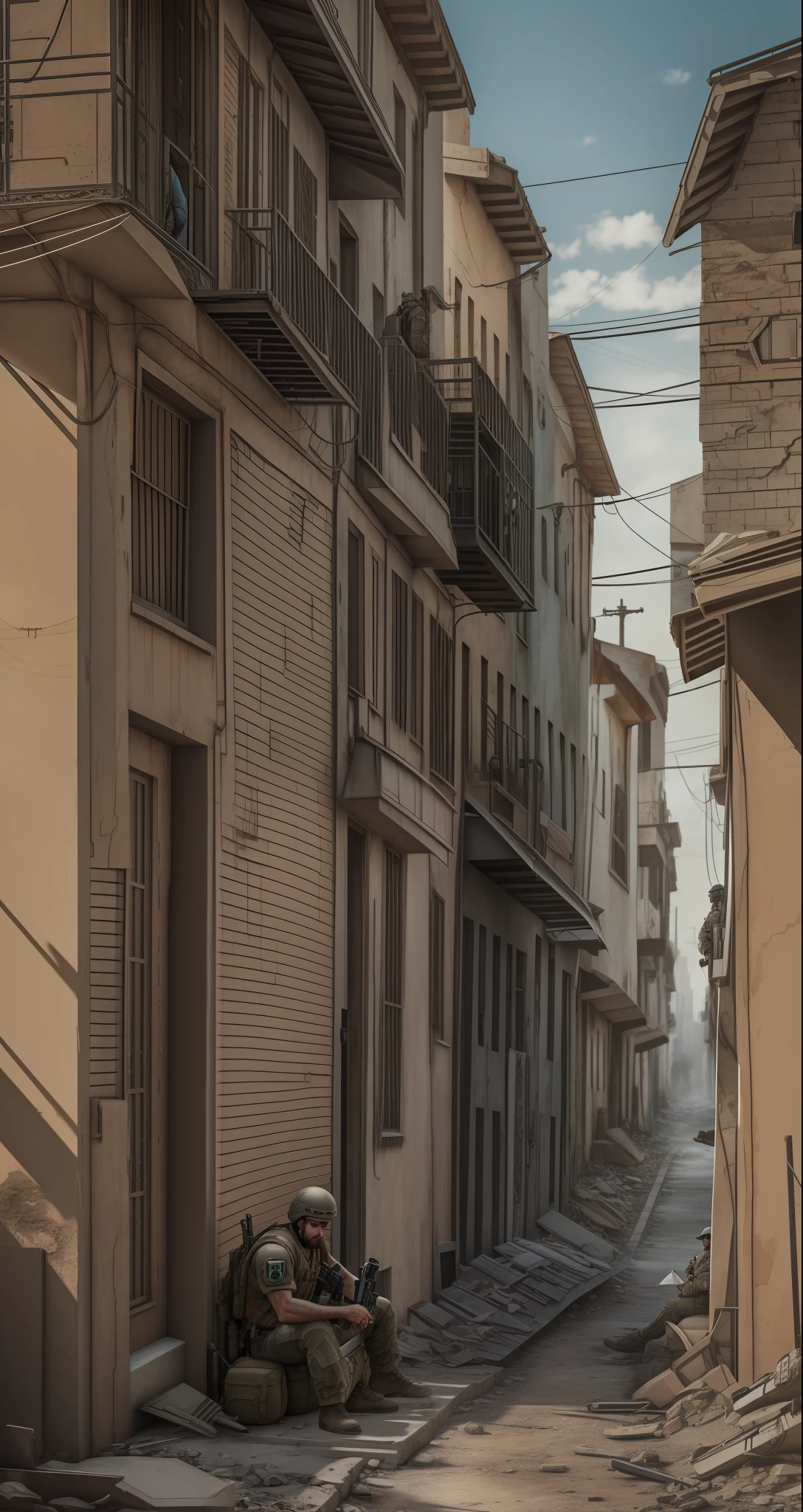 Man sitting on an ultra realistic street ((soldier),apocalyptic post,super realistic,4k,detailed,behance --auto --s2