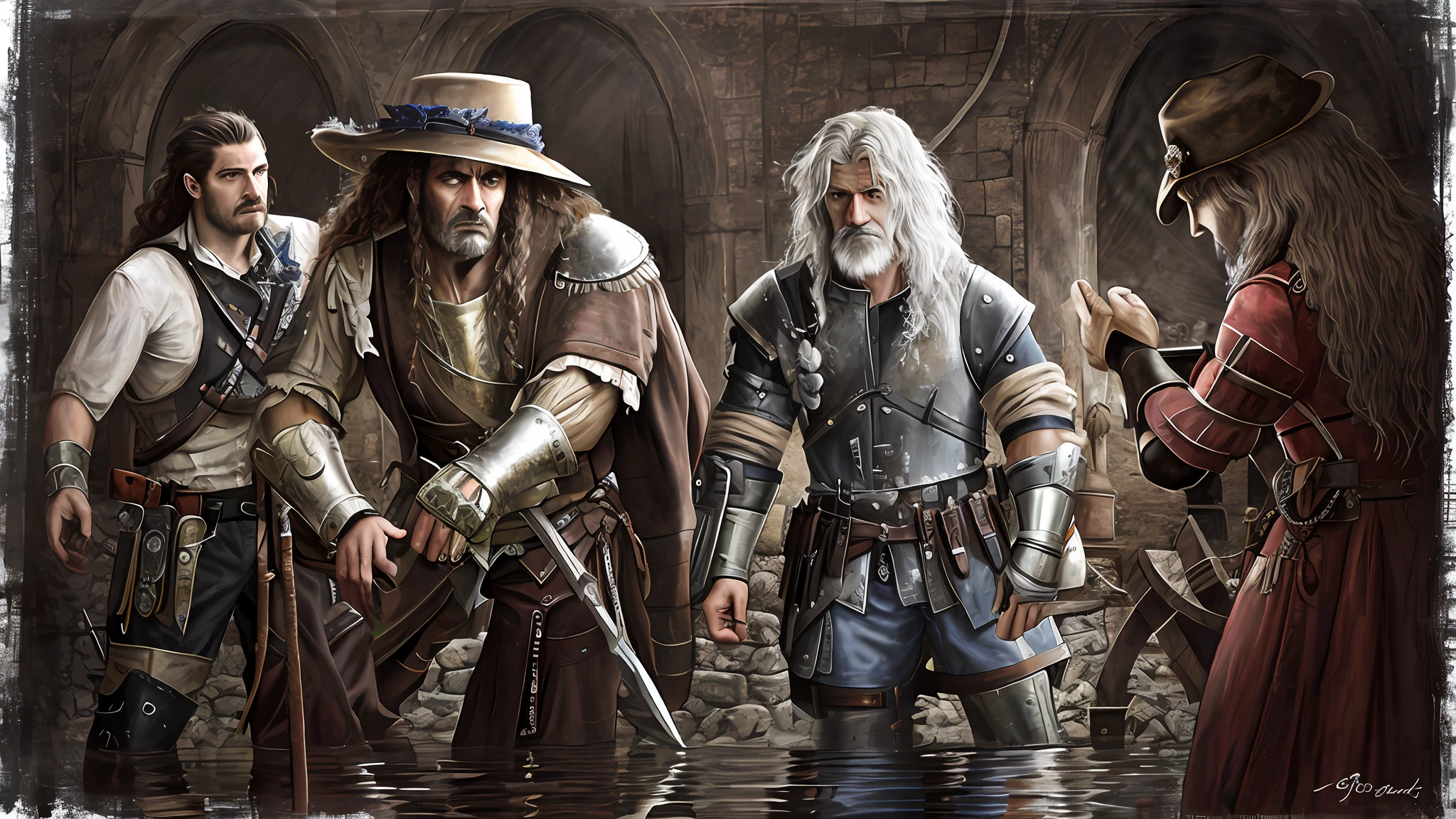 werewolf, wolves, wolf, a man from Portugal, Amazon forest, a male landknt with a serious look on his face is holding a large sword ready for combat against a murderous and bloodthirsty god, with armor, apocalypse, biblical, battlefield, war, death, bold, proud, long hair, with hat, mustache, beard, Whirlwind, , (Meret Oppenheim:1.25), shattered glass, wilted flowers,Shipwreck, Ethereal, (Double tones:1.1), (Texture:1.1), (Chiaroscuro:1.1), (Reflected light:1.2), Fur, Circle, ultra detailed, intricate, oil on canvas, dry brush, (surrealism:1.1), (disturbing:1.1),