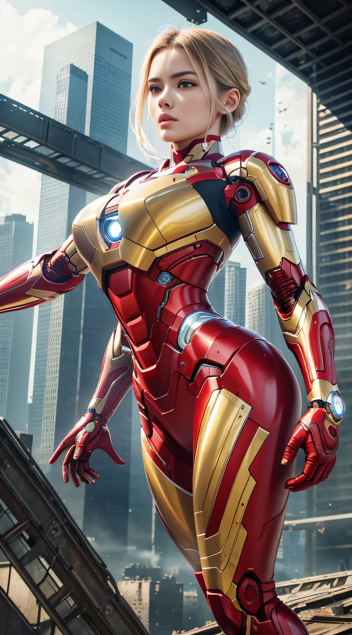 RAW, Masterpiece, Ultra Fine Photo,, Best Quality, Ultra High Resolution, Photorealistic, Sunlight, Full Body Portrait, Stunningly Beautiful,, Dynamic Poses, Delicate Face, Vibrant Eyes, (Side View) , she is wearing a futuristic Iron Man mech, red and gold color scheme, highly detailed abandoned warehouse background, detailed face, detailed and complex busy background, messy, gorgeous, milky white, high detailed skin, realistic skin details, visible pores , sharp focus, volumetric fog, 8k uhd, dslr camera, high quality, film grain, fair skin, photorealism, lomography, sprawling metropolis in futuristic dystopia, view from below, translucent --auto --s2