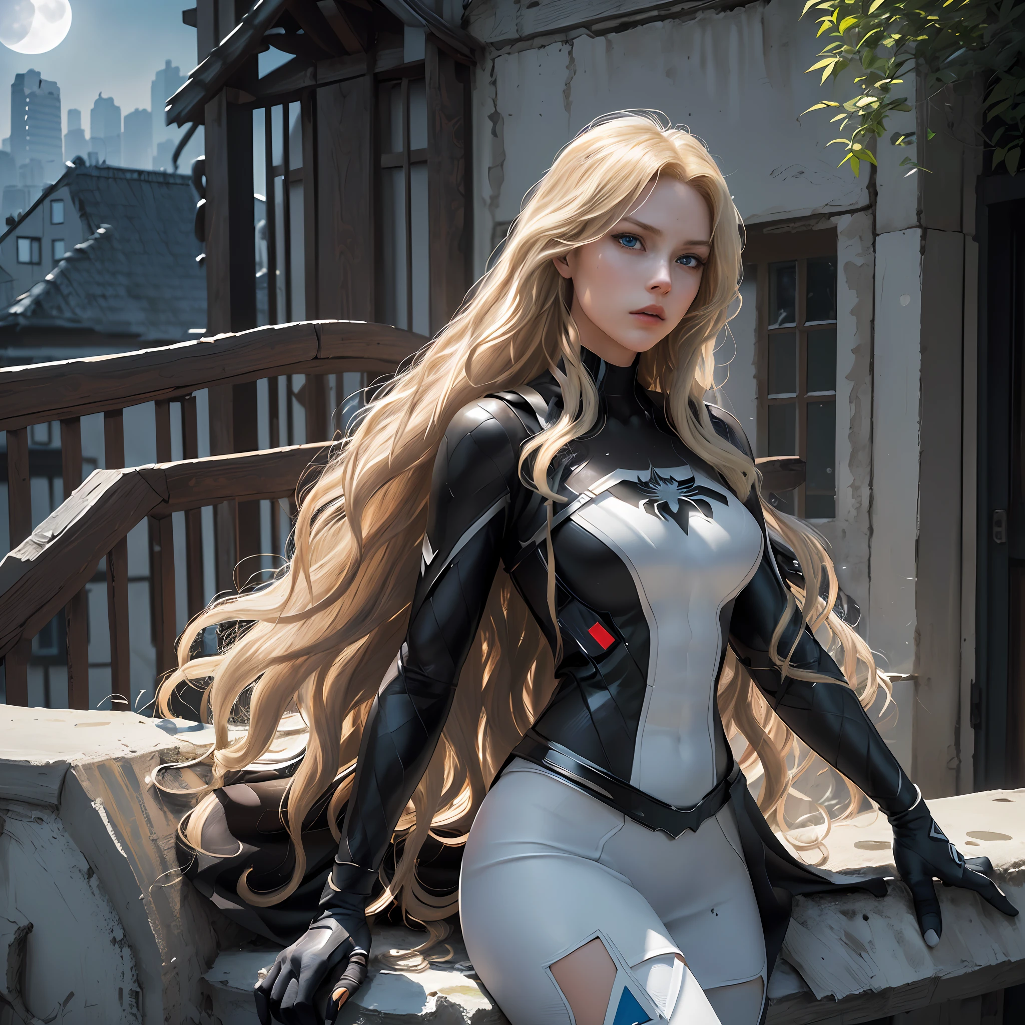 (Masterpiece, 4k resolution, ultra-realistic, very detailed), (White superhero theme, charismatic, there's a girl on top of town, wearing Absolute Comics white widow costume, she's a superhero), [ ((25 years), (long wavy blonde hair:1.4), full body, (blue eyes:1.2), ((black widow pose,show of strength, jump from one building to another), ((sandy urban environment):0.8)| (cityscape, at night, dynamic lights), (full moon))] # Explanation: The Prompt mainly describes a 4K painting of ultra-high definition, very realistic, very detailed. It shows a superheroine at the top of the city, wearing a white widow costume from Absolute Comics The theme in the painting is a white superhero theme, the female protagonist has long wavy blonde hair is 25 years old and her entire body is shown in the painting. In terms of portraying the actions of superheroines, spiders are slaves, details of a black symbiote in uniform