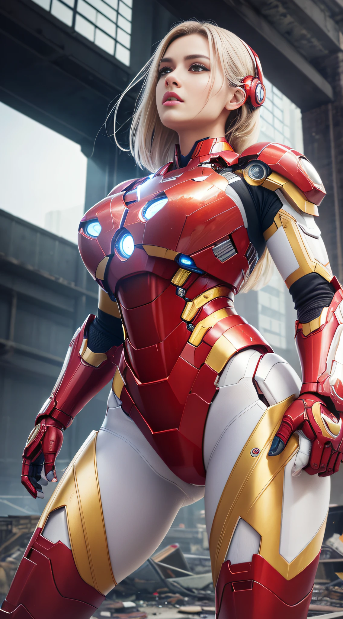 RAW, Masterpiece, Ultra Fine Photo,, Best Quality, Ultra High Resolution, Photorealistic, Sunlight, Full Body Portrait, Stunningly Beautiful,, Dynamic Poses, Delicate Face, Vibrant Eyes, (Side View) , she is wearing a futuristic Iron Man mech, red and gold color scheme, highly detailed abandoned warehouse background, detailed face, detailed and complex busy background, messy, gorgeous, milky white, high detailed skin, realistic skin details, visible pores , sharp focus, volumetric fog, 8k uhd, dslr camera, high quality, film grain, fair skin, photorealism, lomography, sprawling metropolis in futuristic dystopia, view from below, translucent --auto --s2