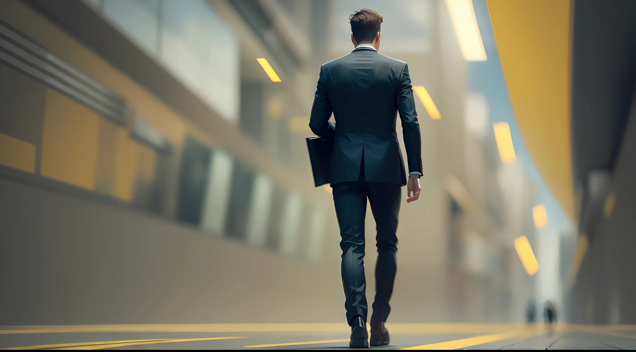 Businessman walking cinematic blurred yellow background --auto --s2