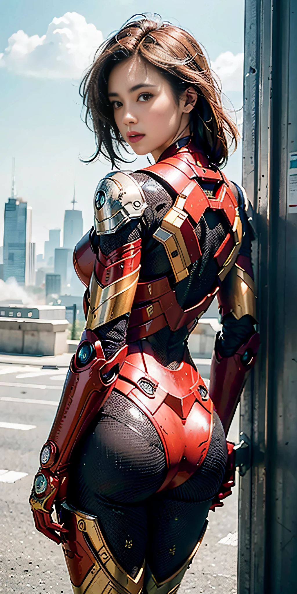 (1girl:1.3), solo,__body-parts__, official art, unity 8k wallpaper, ultra detailed, beautiful and aesthetic, beautiful, masterpiece, best quality, RAW, masterpiece, super fine photo,, best quality, super high Resolution, photorealistic, sunlight, full body portrait, stunningly beautiful,, dynamic pose, delicate face, vibrant eyes, (side view), she is wearing a futuristic Iron Man mech, red and gold, Highly detailed abandoned warehouse background, detailed face, detailed complex busy background, messy, gorgeous, milky, high detailed skin, realistic skin details, visible pores, sharp focus, volumetric fog, 8k uhd, dslr camera, High quality, film grain, fair skin, photorealism, lomography, sprawling metropolis in a futuristic dystopia, view from below, translucent