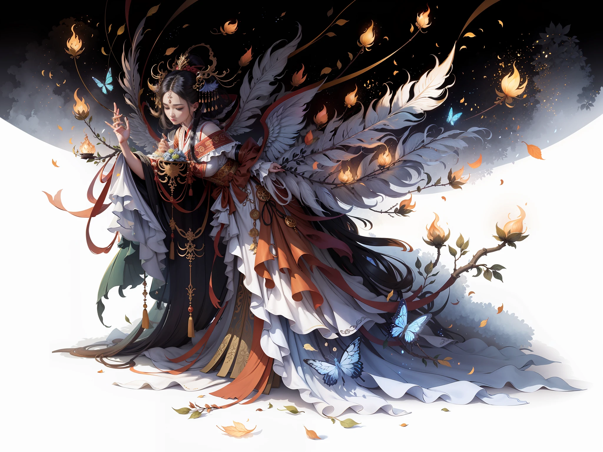 Masterpiece, best quality, a beautiful woman, ancient Chinese imperial robe, majestic domineering, graceful standing, phoenix eyes, phoenix feathers, sunshine, clear face, masterpiece, super detail, movie composition, ultra hd, high quality, extremely detailed, official art, uniform 8k wallpaper, super detail, (very detailed CG unity 8k wallpaper), (best quality), (best illustration), (best shadow), UI interface border design with natural elements forest theme. Avatar frame designed as round, surrounded by delicate leaves and branches, with fireflies and glowing particle effects, (UI interface box design), (natural elements), (jungle theme), (square), (leaves), (branches), (fireflies), butterflies, (delicate leaves), (glow), (particle effects), isometric 3D, Octane rendering, ray tracing, super detailed