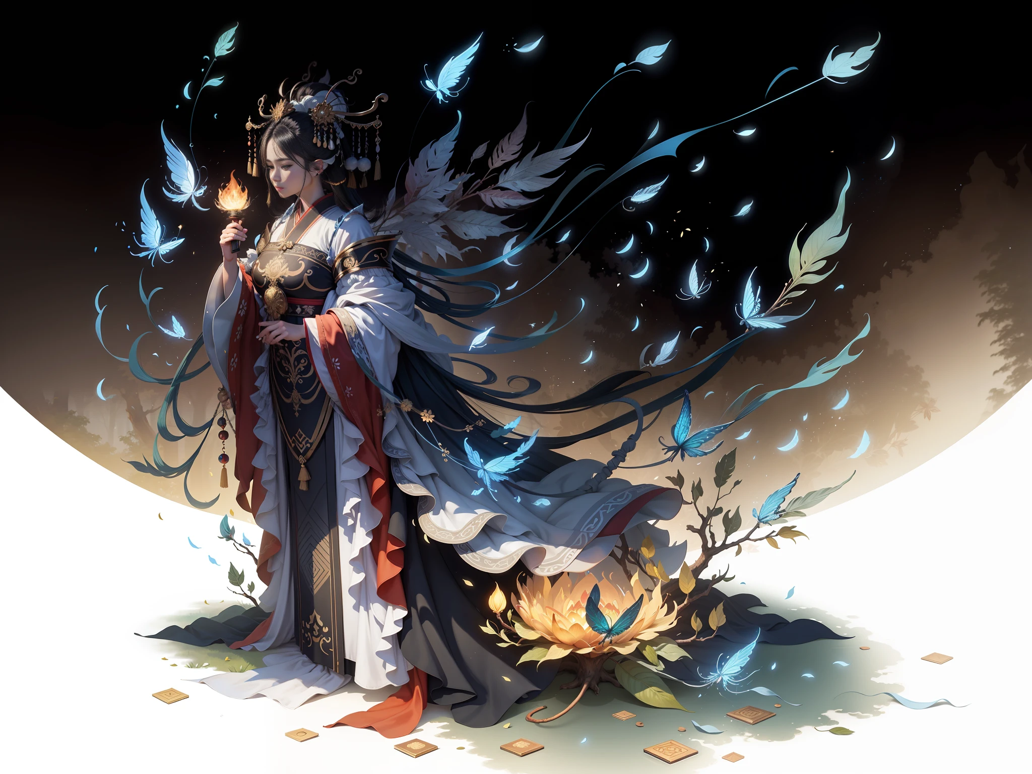 Masterpiece, best quality, a beautiful woman, ancient Chinese imperial robe, majestic domineering, graceful standing, phoenix eyes, phoenix feathers, sunshine, clear face, masterpiece, super detail, movie composition, ultra hd, high quality, extremely detailed, official art, uniform 8k wallpaper, super detail, (very detailed CG unity 8k wallpaper), (best quality), (best illustration), (best shadow), UI interface border design with natural elements forest theme. Avatar frame designed as round, surrounded by delicate leaves and branches, with fireflies and glowing particle effects, (UI interface box design), (natural elements), (jungle theme), (square), (leaves), (branches), (fireflies), butterflies, (delicate leaves), (glow), (particle effects), isometric 3D, Octane rendering, ray tracing, super detailed