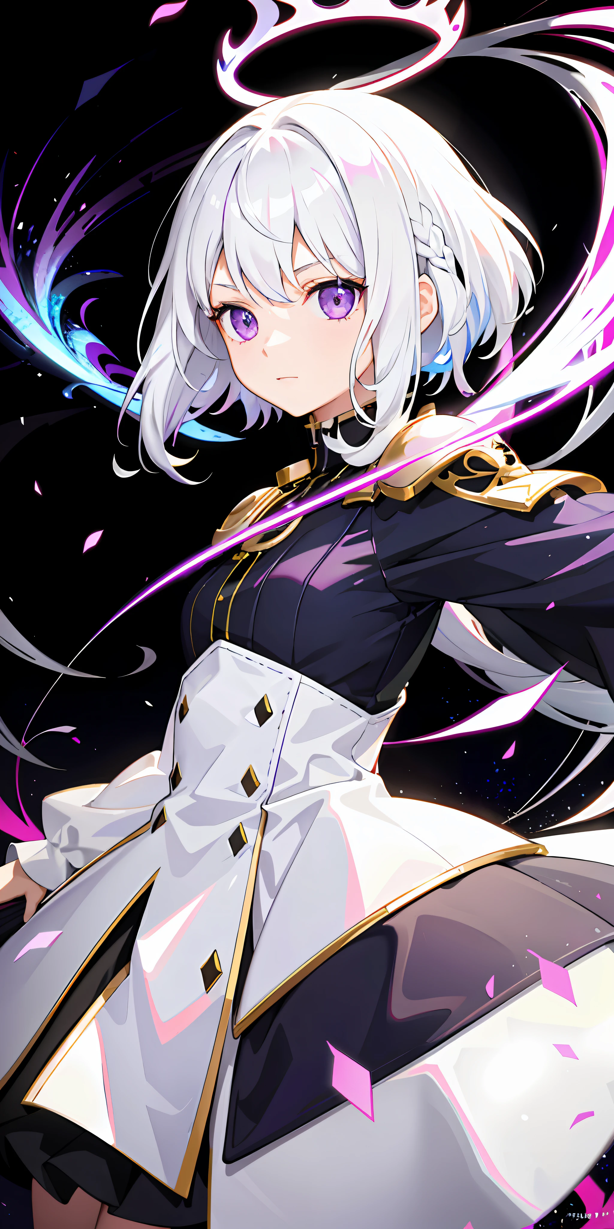 1girl, white hair, multicolored hair, purple eyes, mask on head, sidelighting, light particles, wallpaper,
