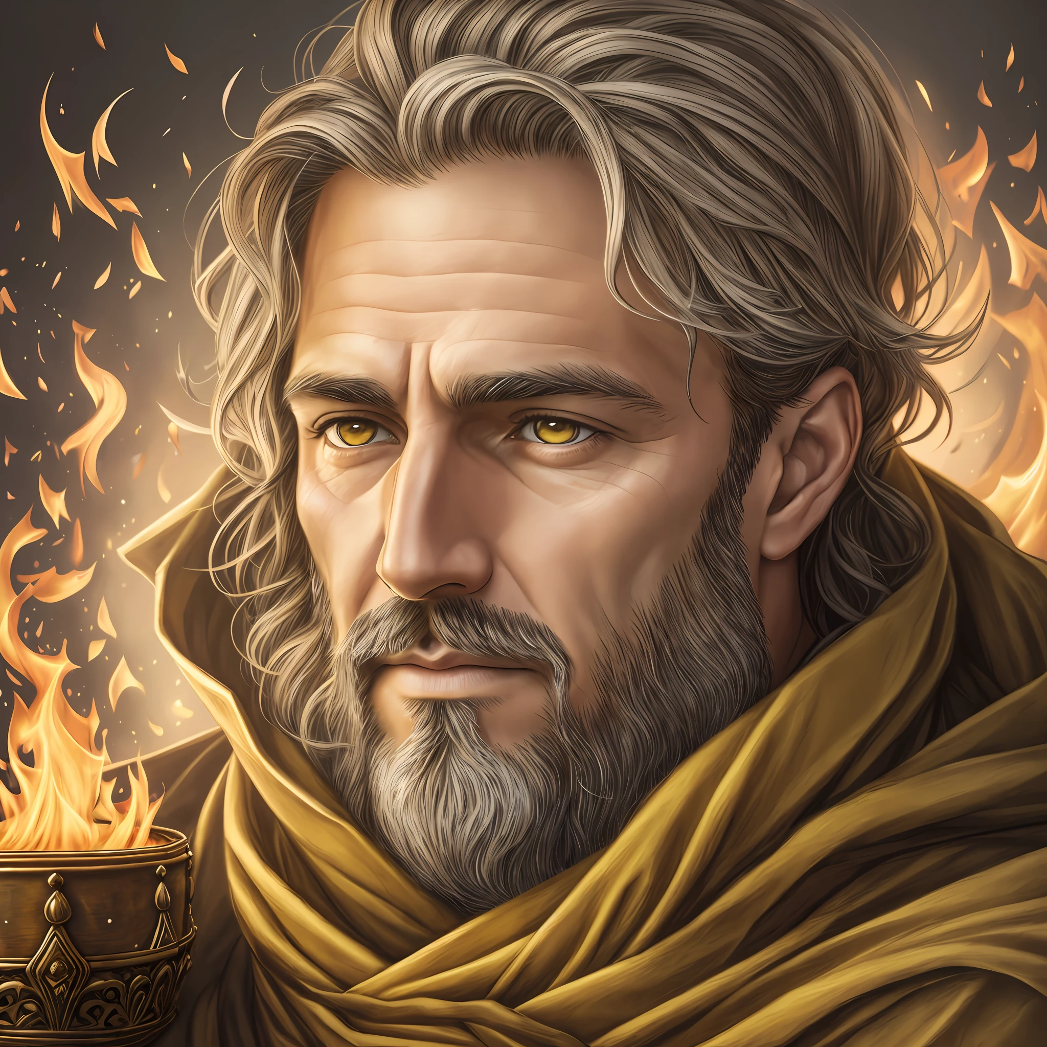 Clarity, detail, realistic fantasy, illustration, duet, portrait, 40-year-old man, light ashen hair, yellow eyes, light, unshaven, crown, newborn wrapped in a blanket, (detail appearance), lock, fire, --auto --s2