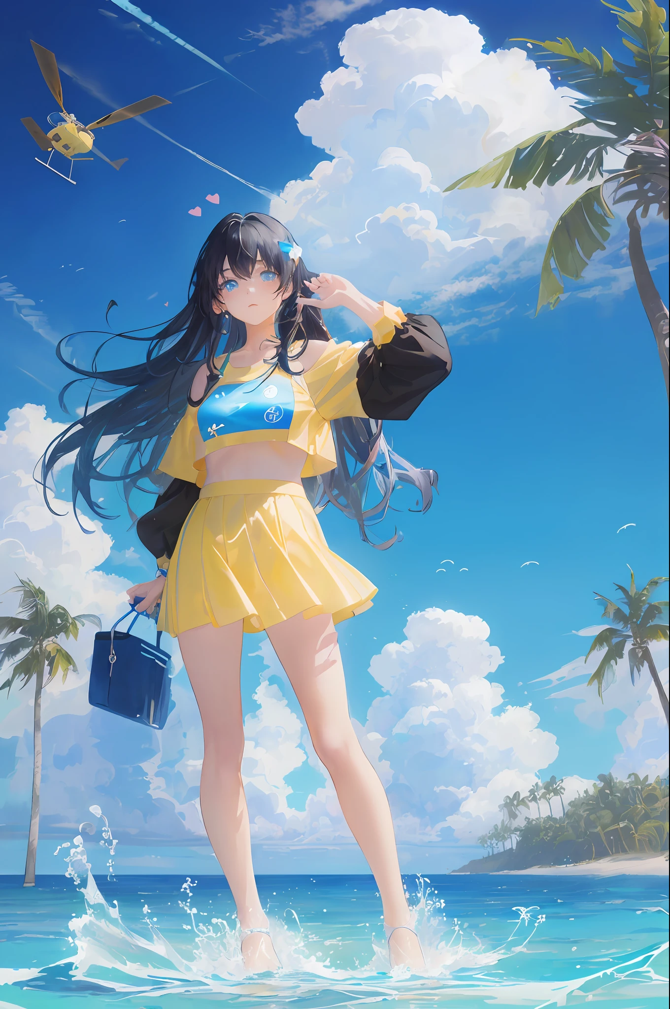 art by Cornflower, dreamy, (A beautiful, teenaged, anime-style girl with blue eyes and long, black hair, wearing a pale yellow, shiny, long-sleeved, open-chest, long skirt swimming suit with a pink, white, and yellow, heart on it is posing with her hands on her hips, in front of a beach and a bright, blue sky with clouds in it, there are palm trees in the background on both sides of the picture, and there are lots of blue and yellow fish swimming in the ocean, and there is a police helicopter with lights on it flying over the girl)