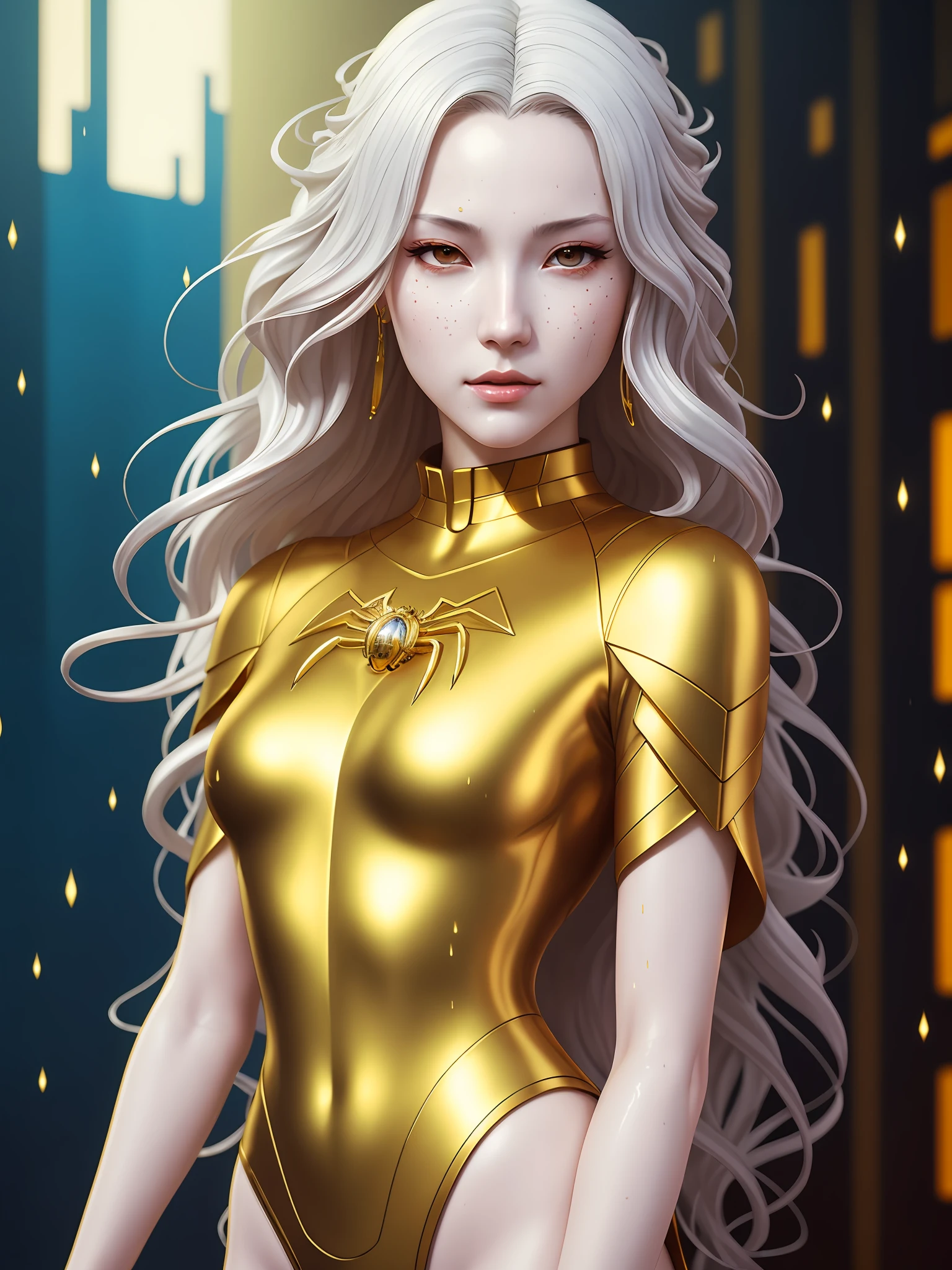 golden and white, spider woman, realistic photo, beautiful face, drip outfit, heavy rain, magical, highly detailed, trending on artstation, unreal engine 4 k, cinematic wallpaper by stanley artgerm lau, wlop, rossdraws, james jean, andrei riabovitchev, marc simonetti, yoshitaka amano. background by james jean and gustav klimt, light by julie bell, 4 k, porcelain skin, style of zdislaw beksinski, detailed, 8k, dynamic lighting, white chromatic aberration, soaking wet,