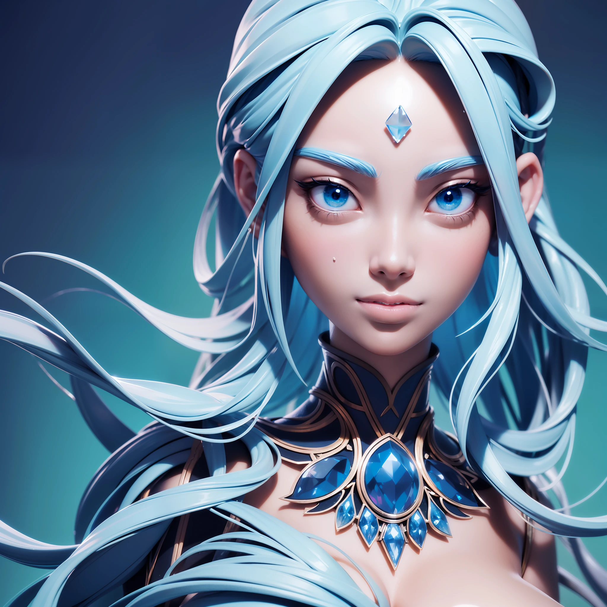 Highly detailed 3d character sheet, impressive details, Fine art, ((Asian woman portrait)) Transparent skin, Translucent, straight blue hair ((Water elemental power)), Dreamy blue eyes, perfect nose, perfect proportions, hyper-realistic details , detailed shadows, exact glows, octane render, unreal engine 5, 8k uhd, masterpiece