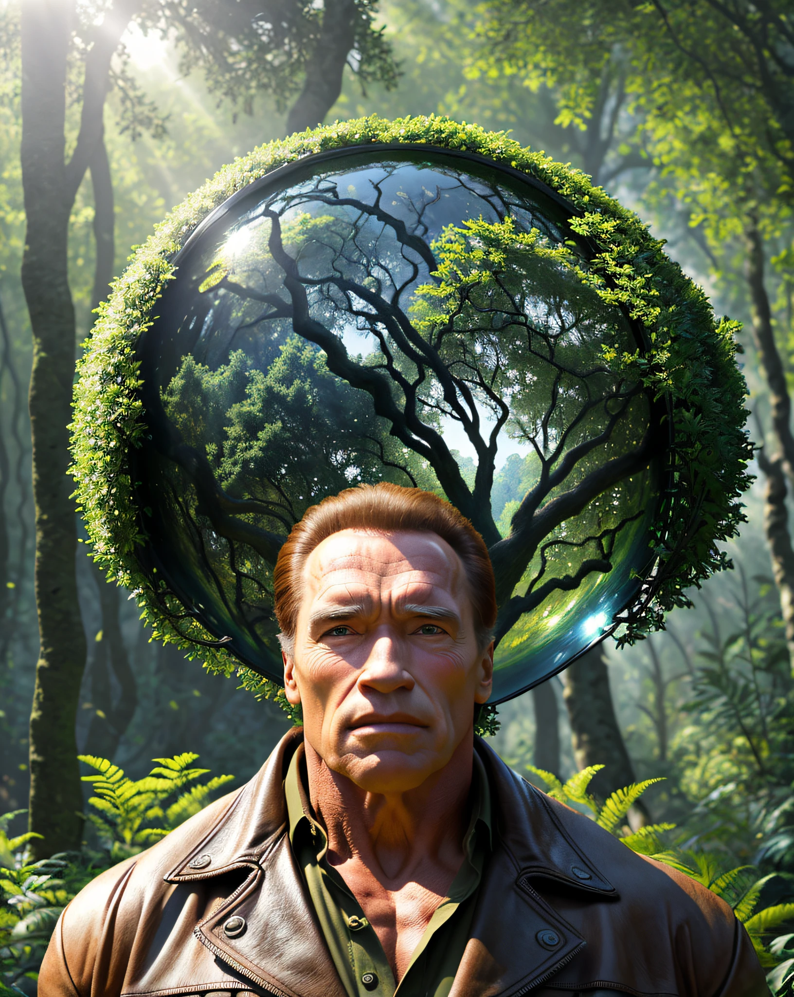 (Masterpiece), (Extremely Complicated:1.3), (Realistic), Arnold Schwarzenegger, Nature, Green, Outdoor, Intense Sunlight, Animals, professional photo of Arnold Schwarzenegger in nature and holds a globe, sharp focus, octane rendering, Unreal Engine, Volumetrics DTX