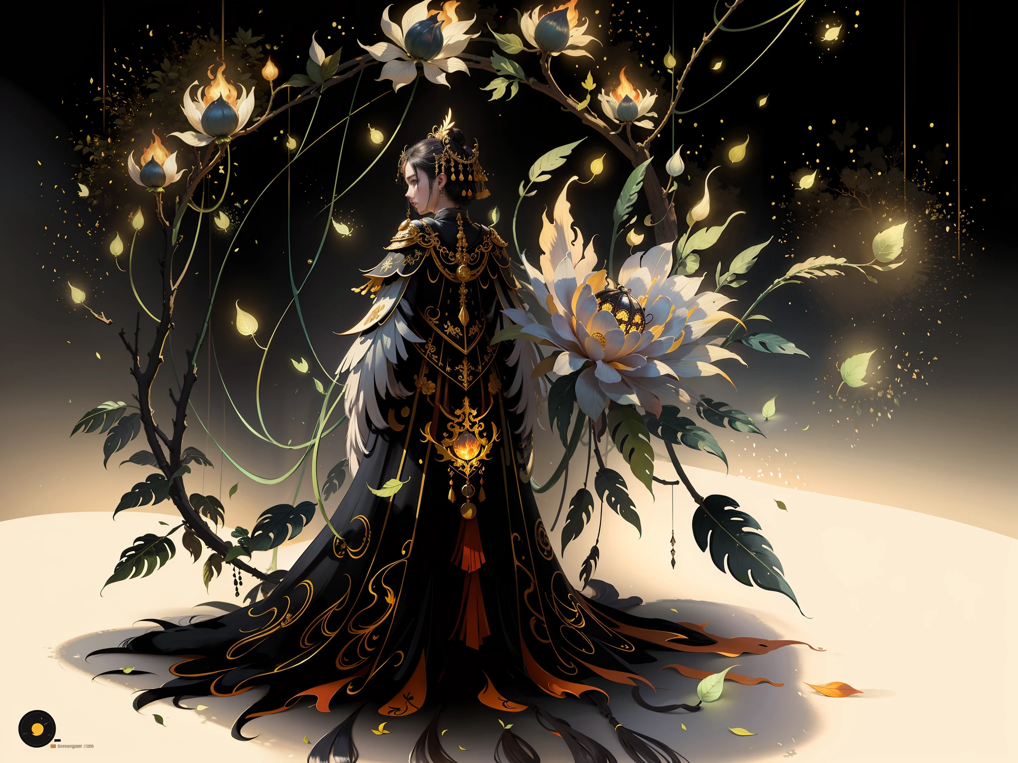Masterpiece, best quality, a beautiful woman, ancient Chinese imperial robe, majestic domineering, graceful standing, phoenix eyes, phoenix feathers, sunshine, clear face, masterpiece, super detail, movie composition, ultra hd, high quality, extremely detailed, official art, uniform 8k wallpaper, super detail, (very detailed CG unity 8k wallpaper), (best quality), (best illustration), (best shadow), UI interface border design with natural elements forest theme. Avatar frame designed as round, surrounded by delicate leaves and branches, with fireflies and glowing particle effects, (UI interface box design), (natural elements), (jungle theme), (square), (leaves), (branches), (fireflies), butterflies, (delicate leaves), (glow), (particle effects), isometric 3D, Octane rendering, ray tracing, super detailed