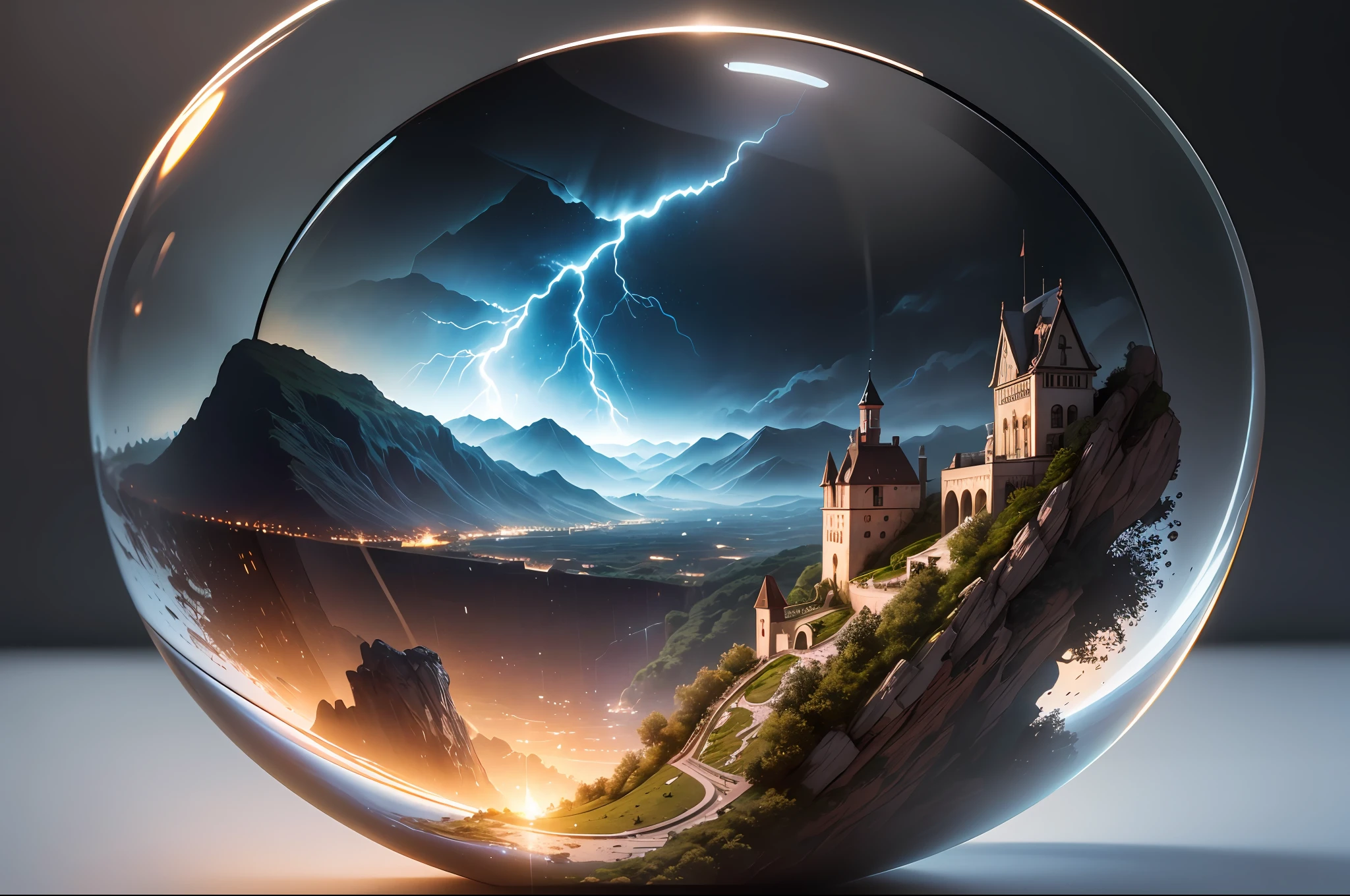 mini\(ttp\), (8k, RAW photo, best quality, masterpiece:1.2), miniature, landscape, isometric, ((inside a glass sphere)), ((plain wall in the background)), lightning, thunder, rain