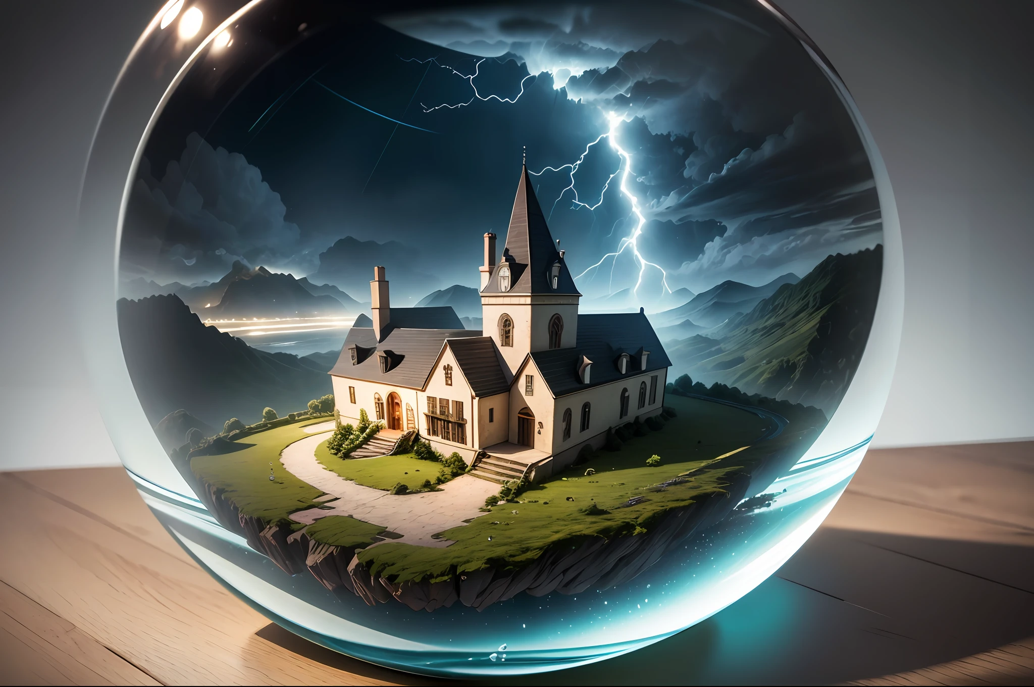 mini\(ttp\), (8k, RAW photo, best quality, masterpiece:1.2), miniature, landscape, isometric, ((inside a glass sphere)), ((plain wall in the background)), lightning, thunder, rain