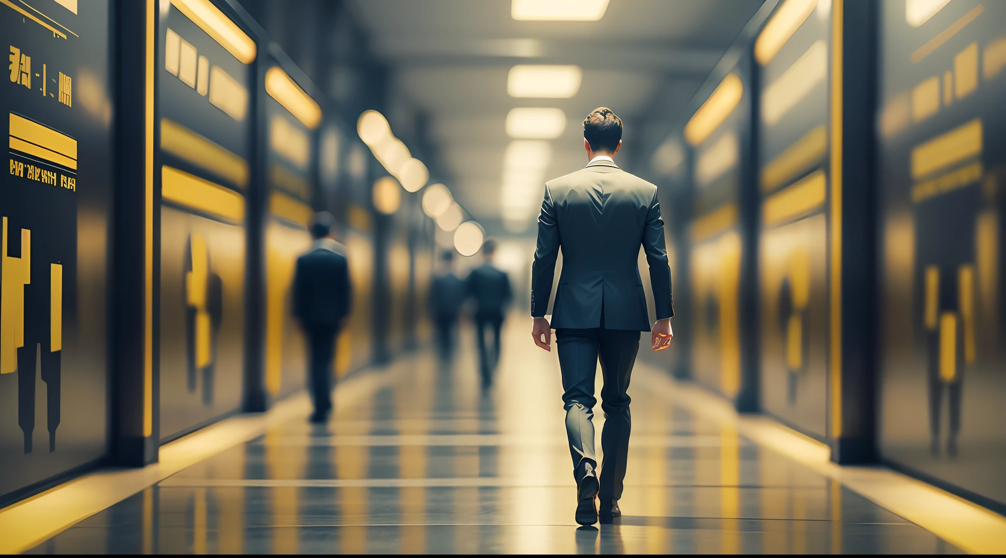 Businessman walking cinematic blurred yellow background --auto --s2