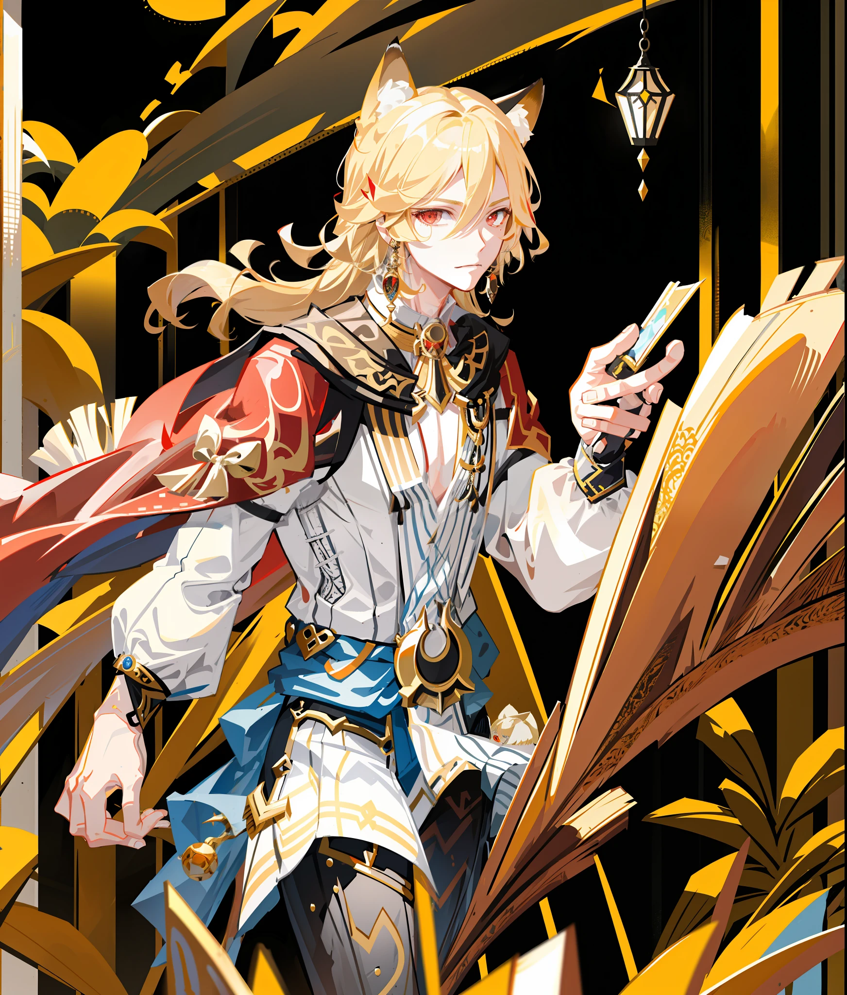 best quality, masterpiece, highres, 1boy,male,solo, mature male, blond hair, red eyes, yellow fox ears, animal ears, big fluffy blond fox ears