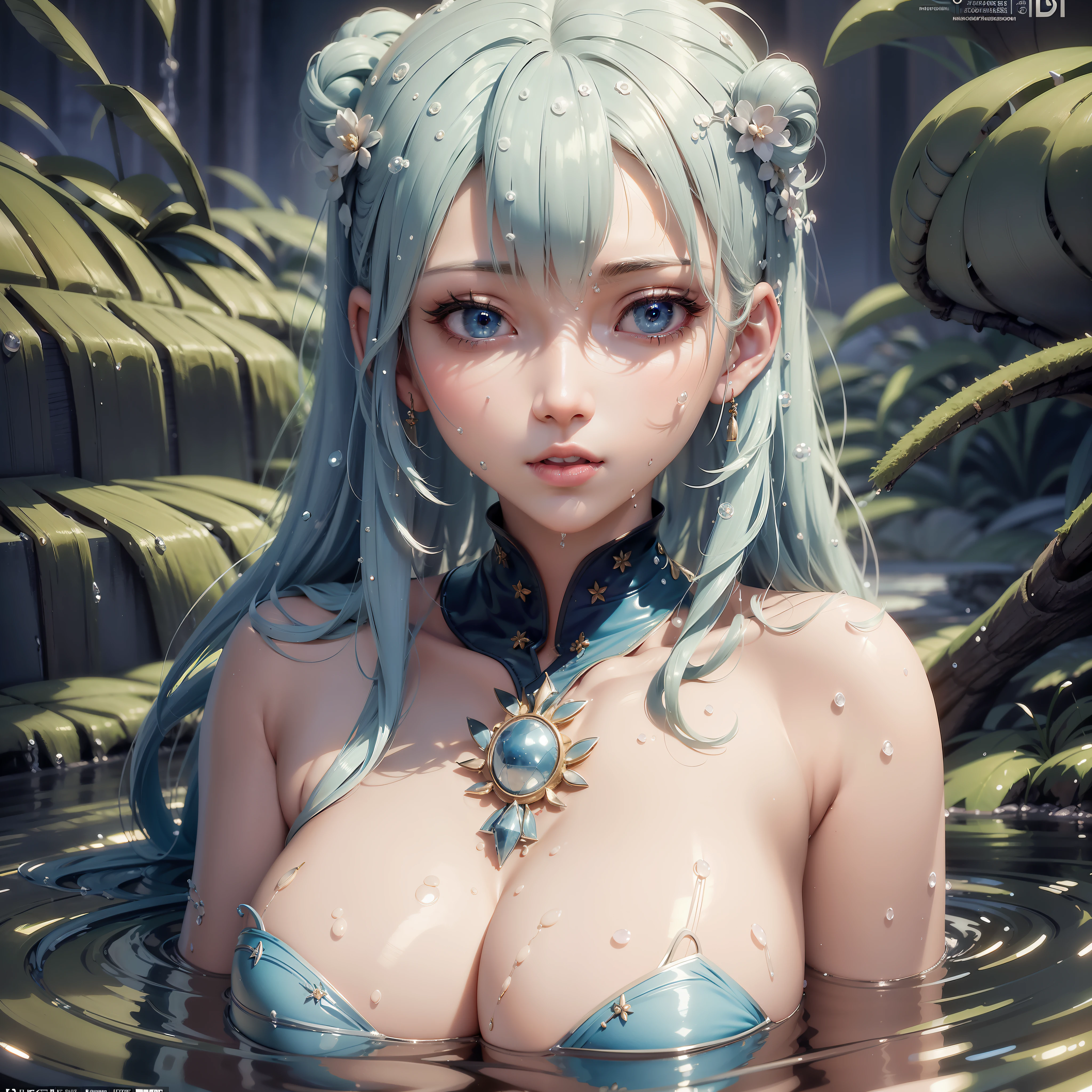 Highly detailed 3d character sheet, impressive details, Fine art, ((Asian woman portrait)) Transparent skin, Translucent, straight blue hair ((Water elemental power)), Dreamy blue eyes, perfect nose, perfect proportions, hyper-realistic details , detailed shadows, exact glows, octane render, unreal engine 5, 8k uhd, masterpiece