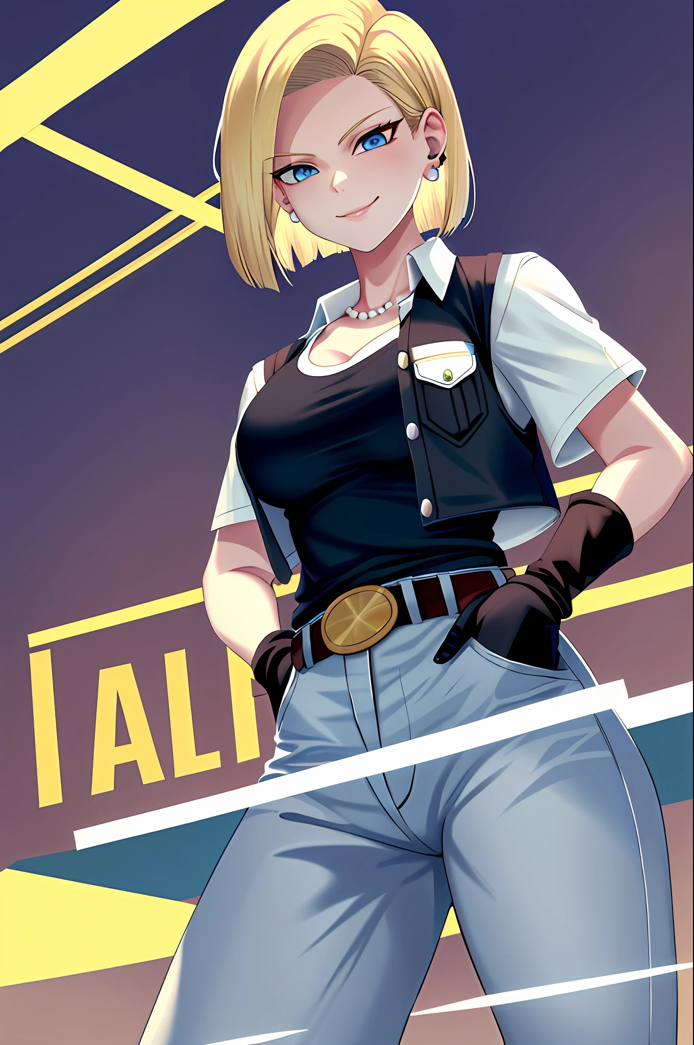 best quality, highres, and18, 1girl, android 18, solo, blonde hair, blue eyes, belt, jeans, pearl_necklace, bracelet, black gloves, white shirt, short hair, short sleeves, earrings, blue pants, open vest, black vest, large breasts, cowboy shot, mall, smile, (hands in pocket:1.2)