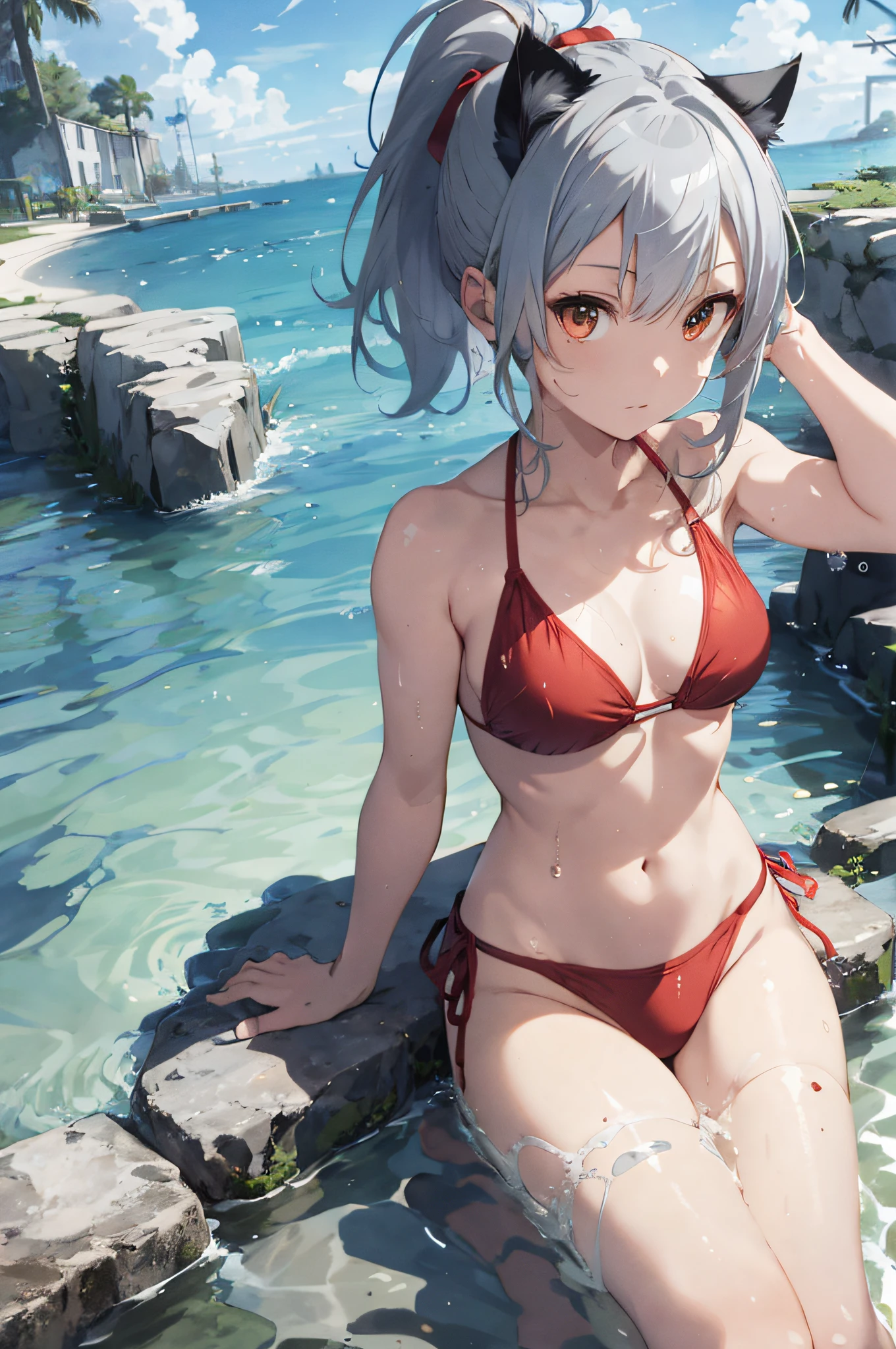 Beautiful, Masterpiece, Best Quality, Hiqcgbody, Anime, 1girl, Medium, Bikini, Red Swimsuit, Portrait Shots, View Viewer, Partially Submerged,Southern, ((Silver Hair)),(Cat Ears),Ponytail,Wet Skin, Intricate Details,>,(((Covered)