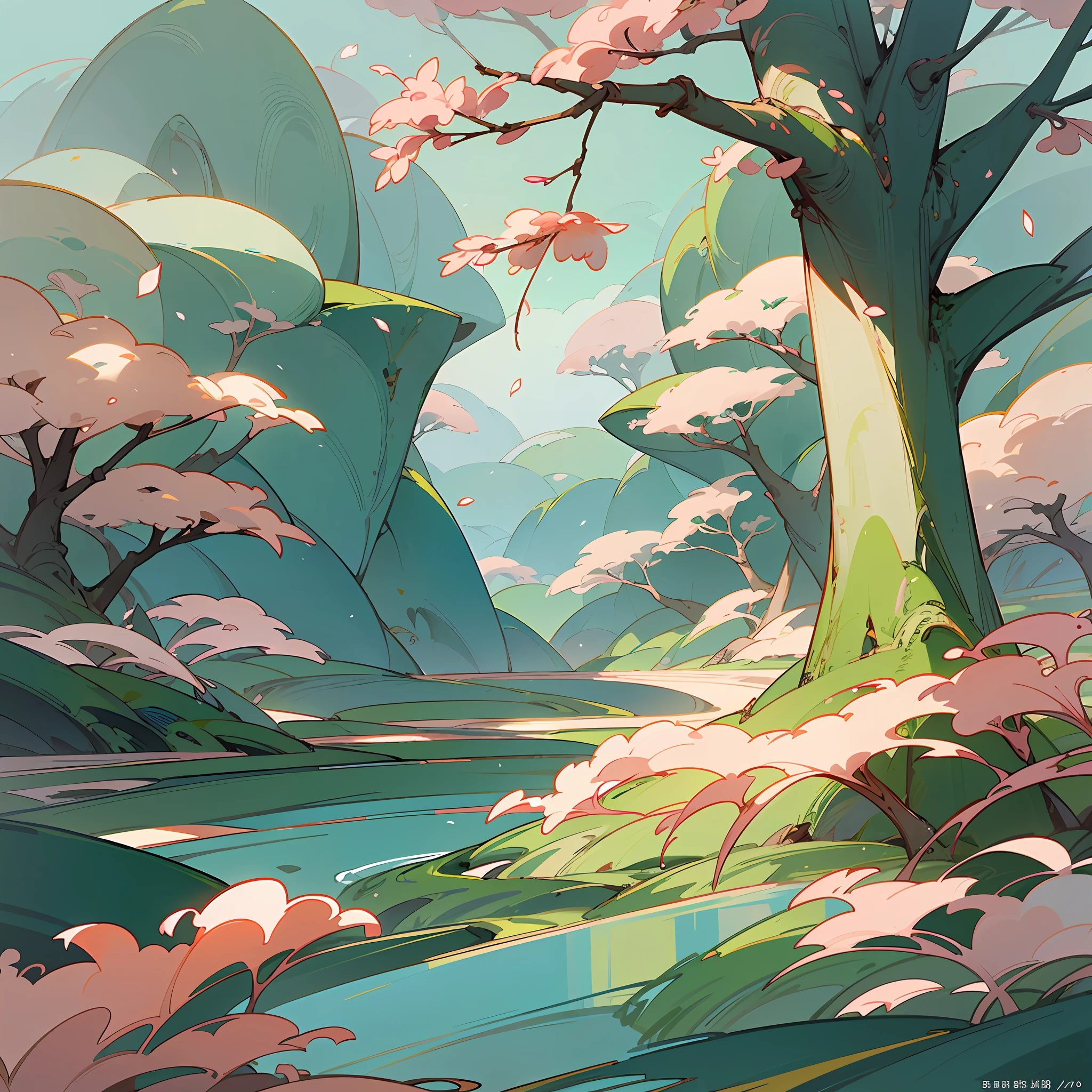 (Chinese landscape), (Zen, Amy Sol style), (spring, peach blossoms, petals, green grass, green water), cover art with light abstraction, abstract, simple vector art, contemporary Chinese art, color gradients, soft color palettes, layered forms, whimsical animation, style Ethereal abstract, 4K, --auto --v6 --s2
