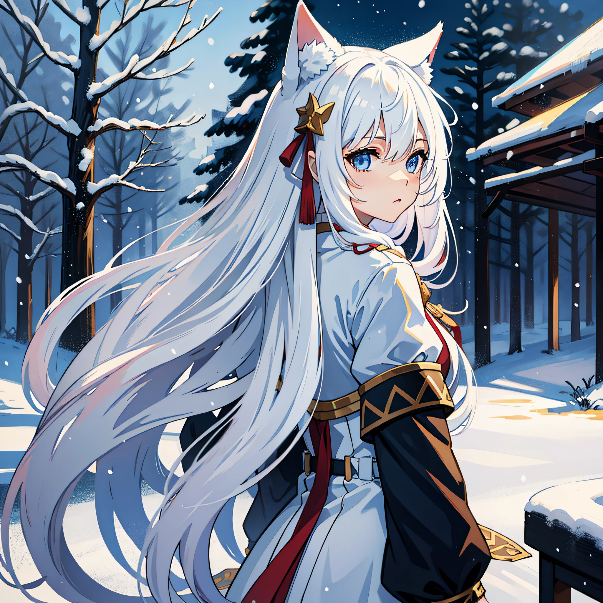 Long hair, snow, animal ears, looking back, long white hair