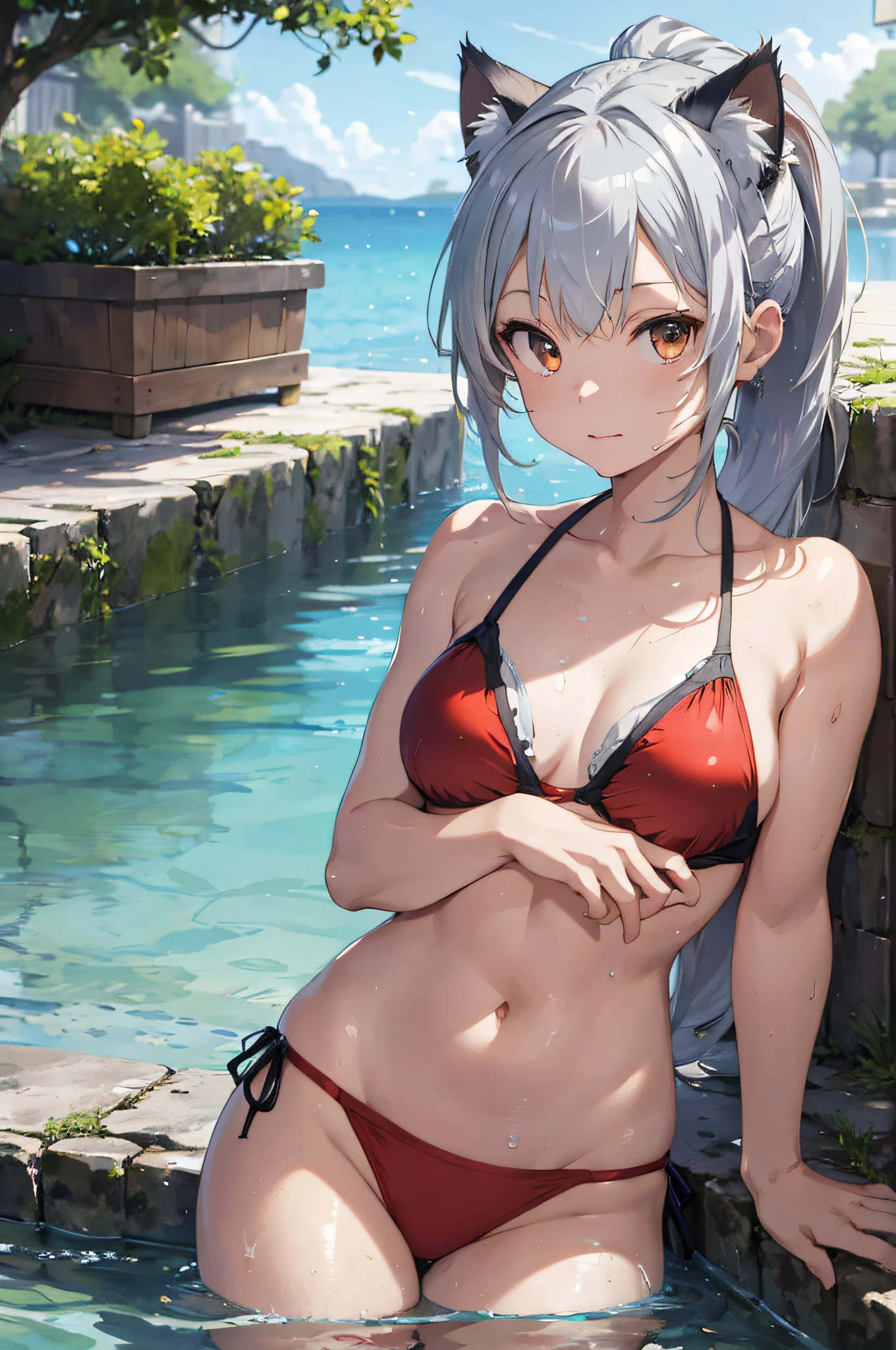 Beautiful, Masterpiece, Best Quality, Hiqcgbody, Anime, 1girl, Medium, Bikini, Red Swimsuit, Portrait Shots, View Viewer, Partially Submerged,Southern, ((Silver Hair)),(Cat Ears),Ponytail,Wet Skin, Intricate Details,>,(((Covered)