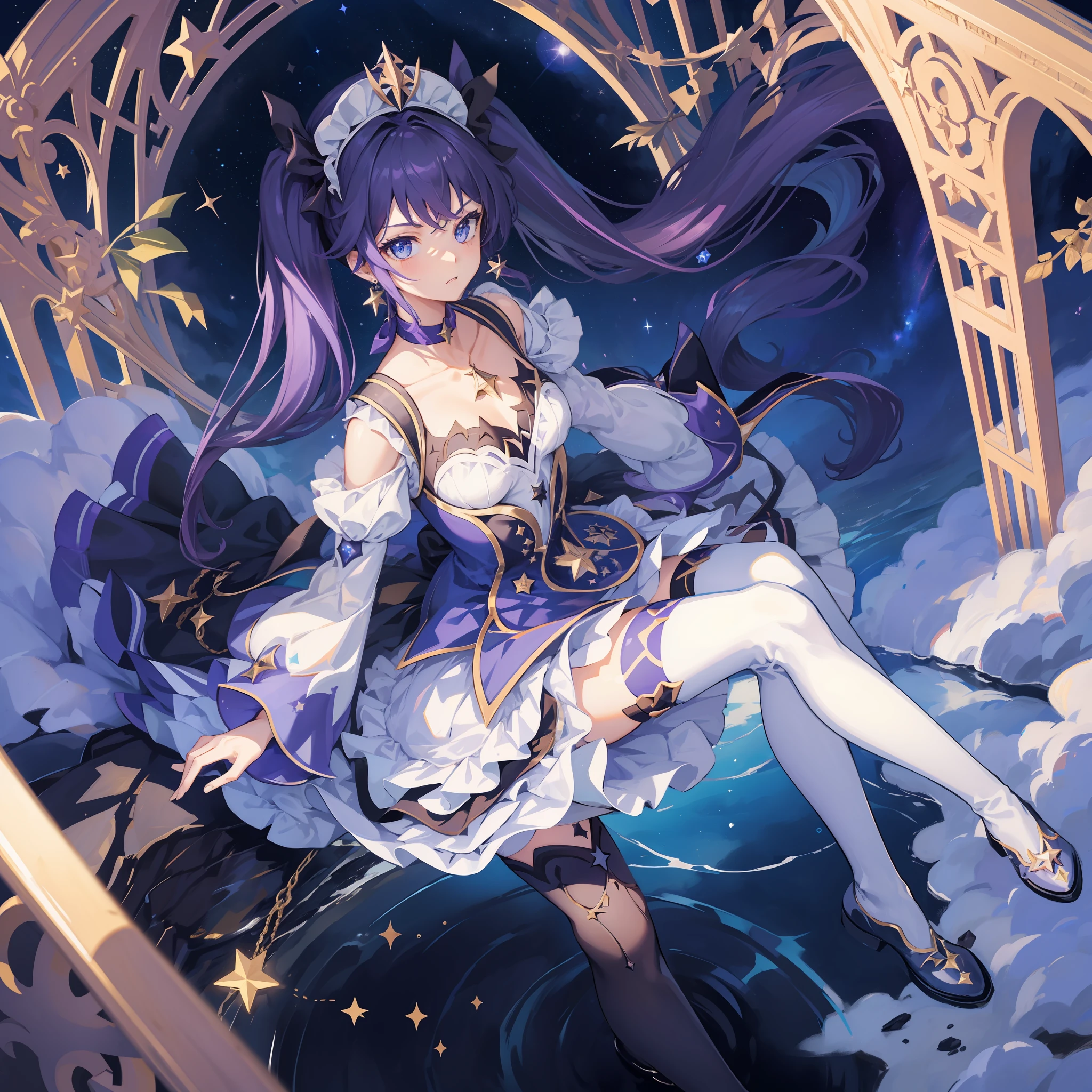 1girl, solo, 1girl, Mona \(Genshin Impact\), maid, choker, hair between eyes, star \(symbol\), hat, long hair, skirt, dark purple hair, looking at the viewer, twintails, blue eyes, shining eyes, earrings, jewelry, purple skirt, black stockings, white shirt, witch, bangs, black shoes, landscape, night sky, star \(sky\), starry sky, night, outdoor, clouds, reflection, water, magic, tarot