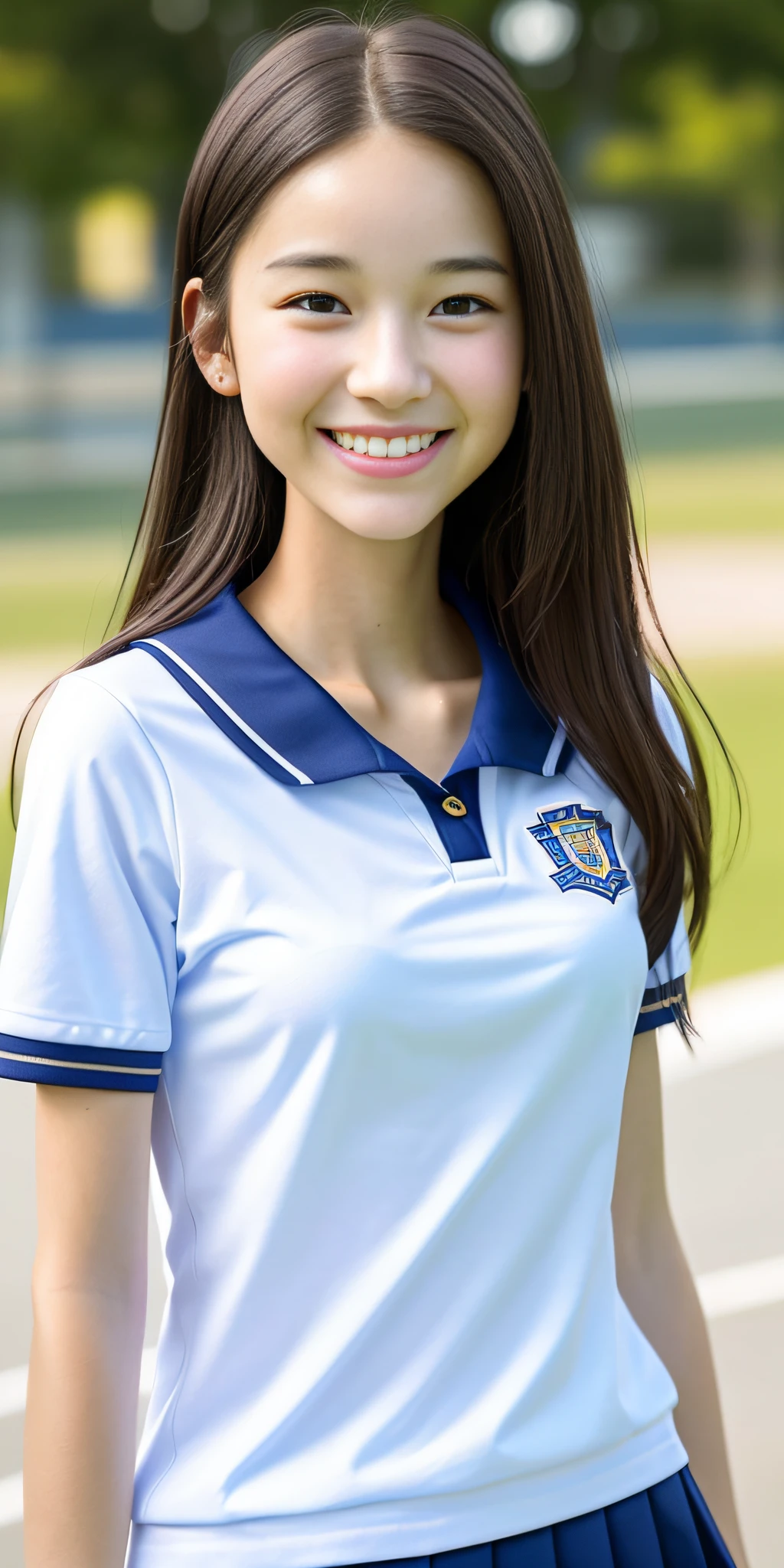 neat college girl, ite, (school uniform, summer clothes, short sleeves), outside the athletic field, (slim), photorealistic, detail, skin texture, ultra detail, delicate and sexy collarbone, smile, super detailed face, detailed lips, detailed eyes, breast emphasis