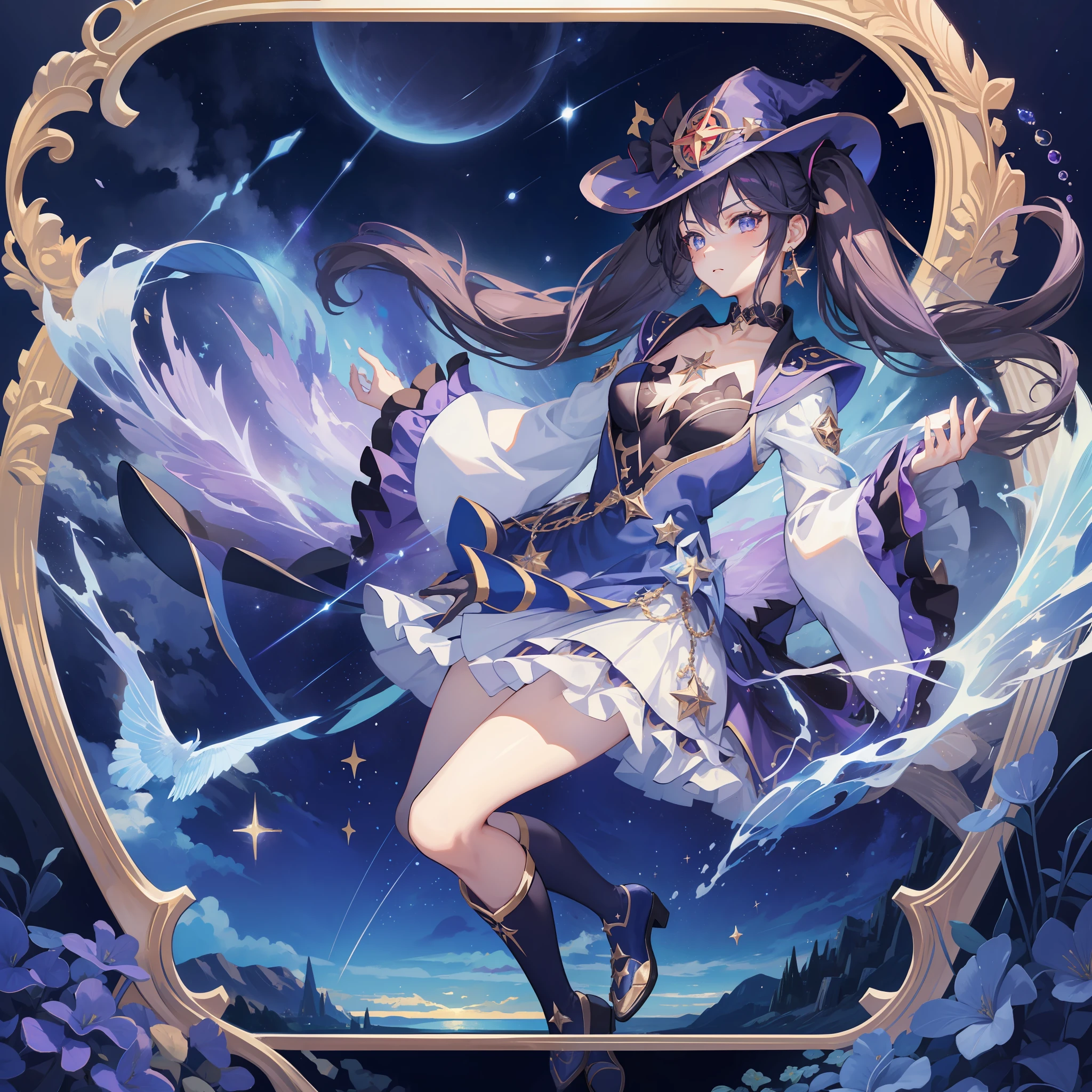 1girl, solo, 1girl, Mona \(Genshin Impact\), maid, choker, hair between eyes, star \(symbol\), hat, long hair, skirt, dark purple hair, looking at the viewer, twintails, blue eyes, shining eyes, earrings, jewelry, purple skirt, black stockings, white shirt, witch, bangs, black shoes, landscape, night sky, star \(sky\), starry sky, night, outdoor, clouds, reflection, water, magic, tarot