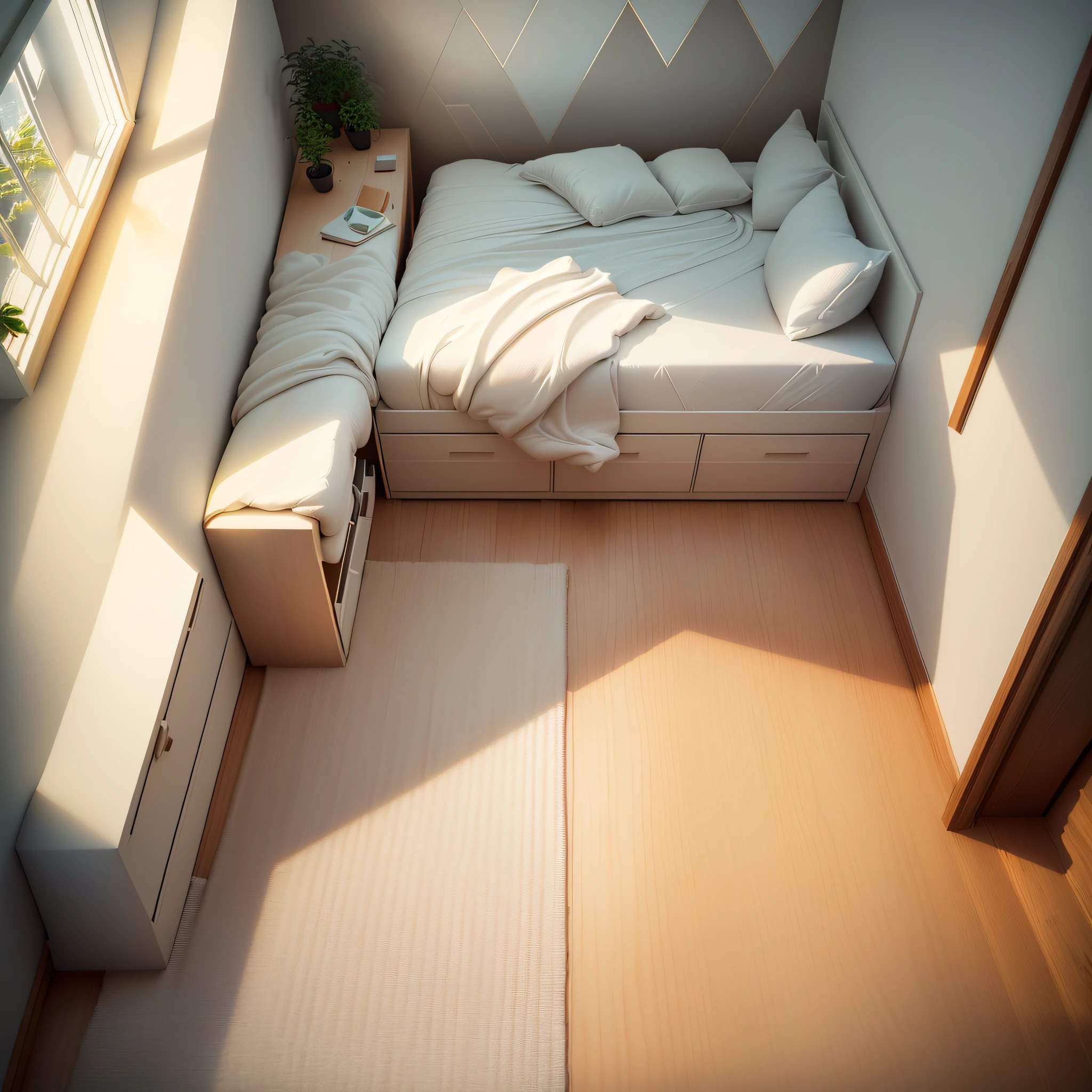 Isometric room,Plain white background, best quality, ((low polygon)),(extremely detailed CG unity 8k wallpaper), (best quality), (best illustration), (best shadow),((Bedroom)), cream style,Pastel tones, light curtains, carpets,wardrobe,cotton and linen sheets, wooden furniture, soft light, plants, paintings, vases,octane render,ray tracing,ultra detailed