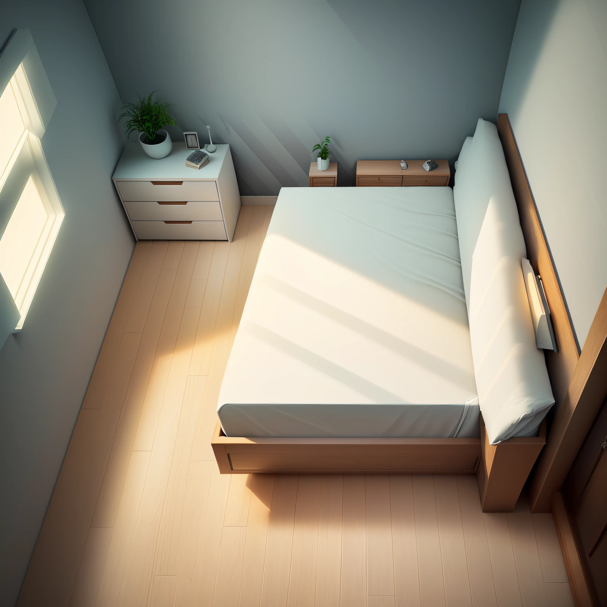 Isometric room,Plain white background, best quality, ((low polygon)),(extremely detailed CG unity 8k wallpaper), (best quality), (best illustration), (best shadow),((Bedroom)), cream style,Pastel tones, light curtains, carpets,wardrobe,cotton and linen sheets, wooden furniture, soft light, plants, paintings, vases,octane render,ray tracing,ultra detailed