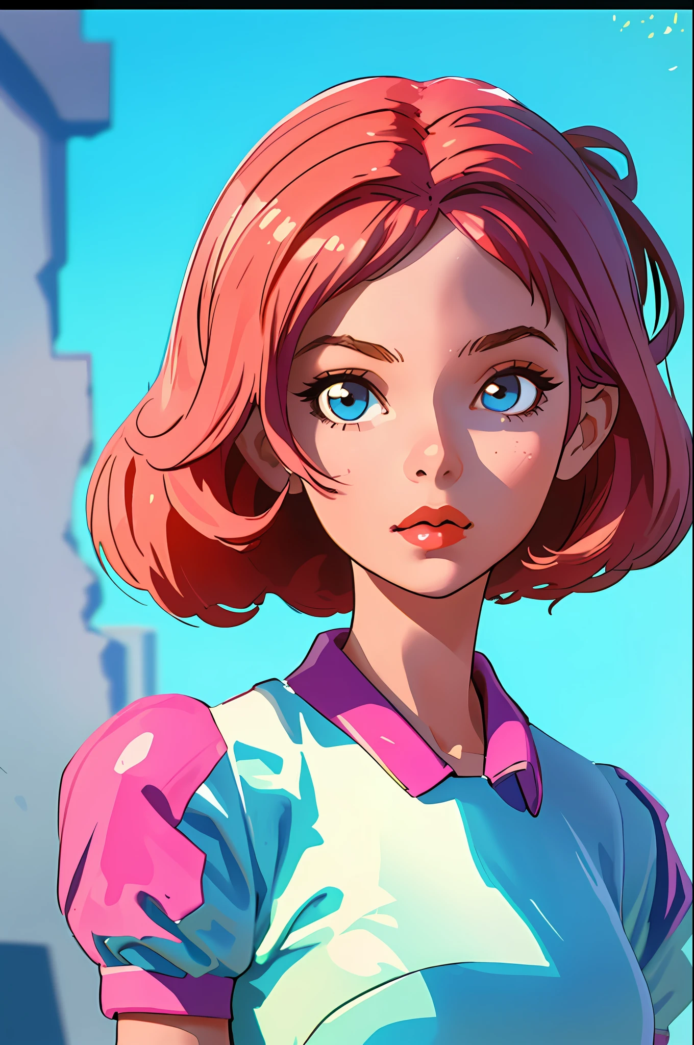 (best quality, masterpiece), 1girl, 1980s \(style\), looking at viewer, pinup \(style\), upper body,