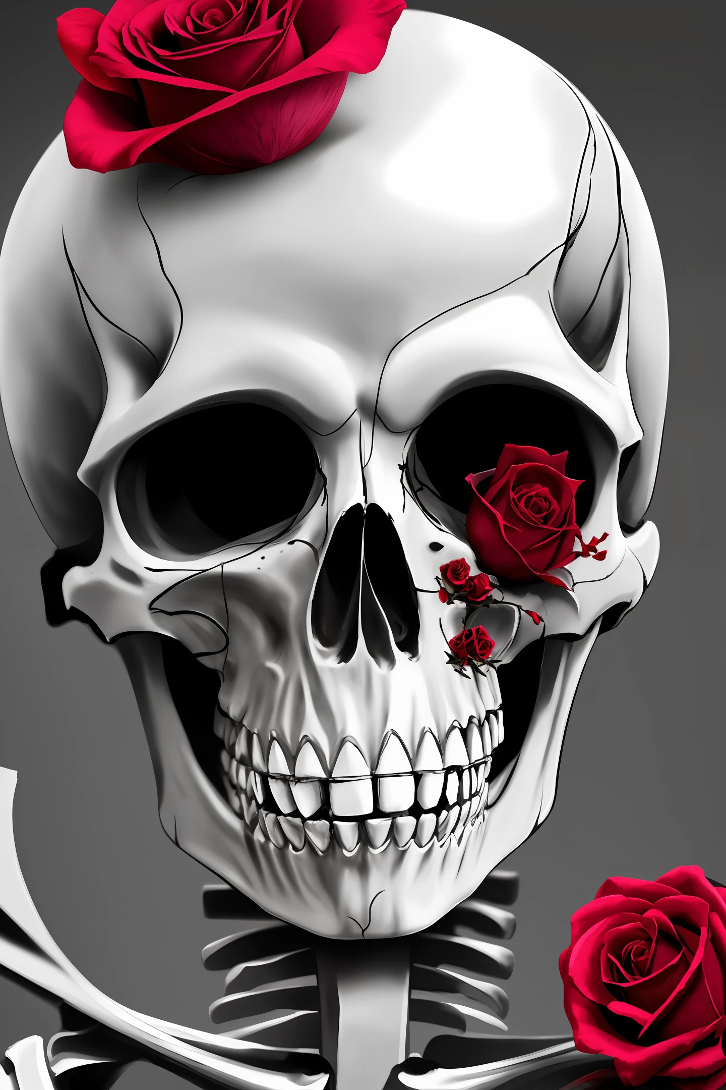 A skeleton face  a rose in mouth